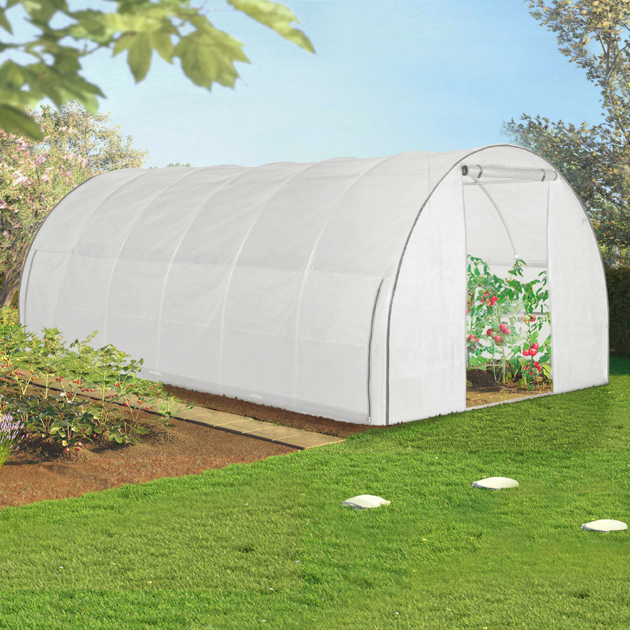 Voir la diapositive 3 : ID MARKET Serre de jardin tunnel 18m² 6 x 3 x 2 m acier galvanisé + bâche anti-uv avec porte et fenêtres crimée blanche avec moustiquaire