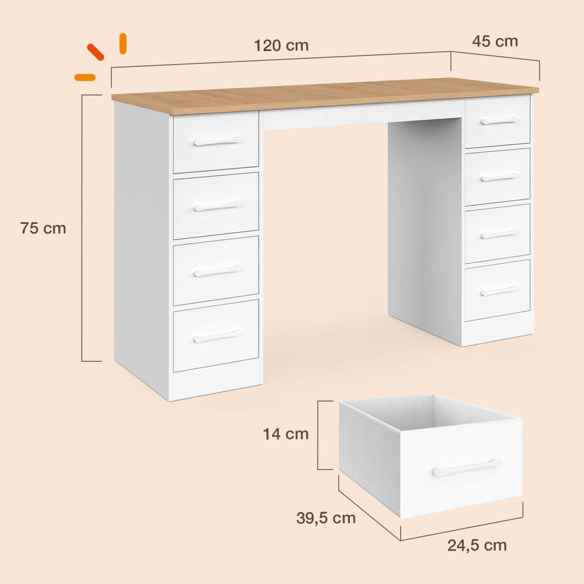 Voir la diapositive 4 : ID MARKET Bureau avec 8 tiroirs en tissu 120x45 cm uppah blanc et bois