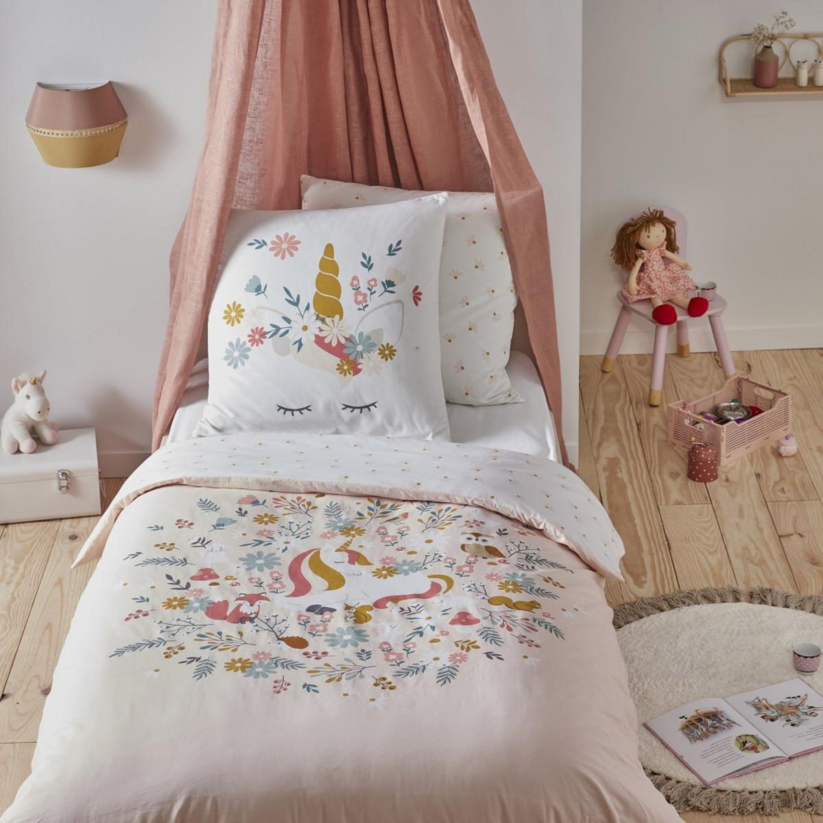 FUTURE HOME Parure de lit enfant en coton imprimé rose Licorne 140x200cm