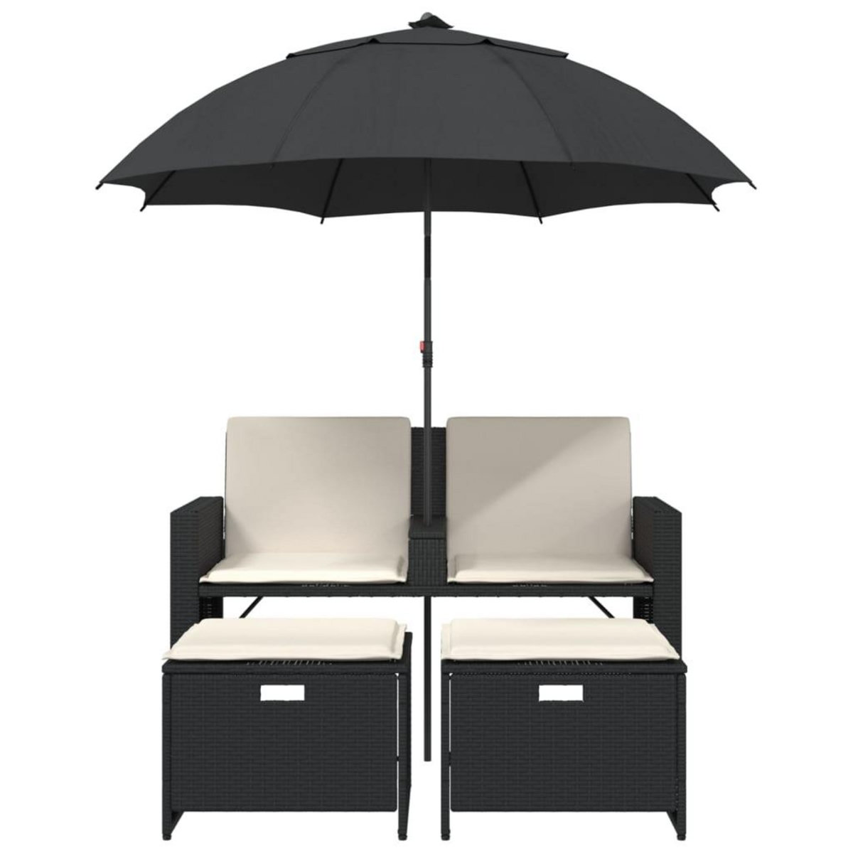 VIDAXL Canape de jardin 2 places avec parasol et tabourets noir rotin