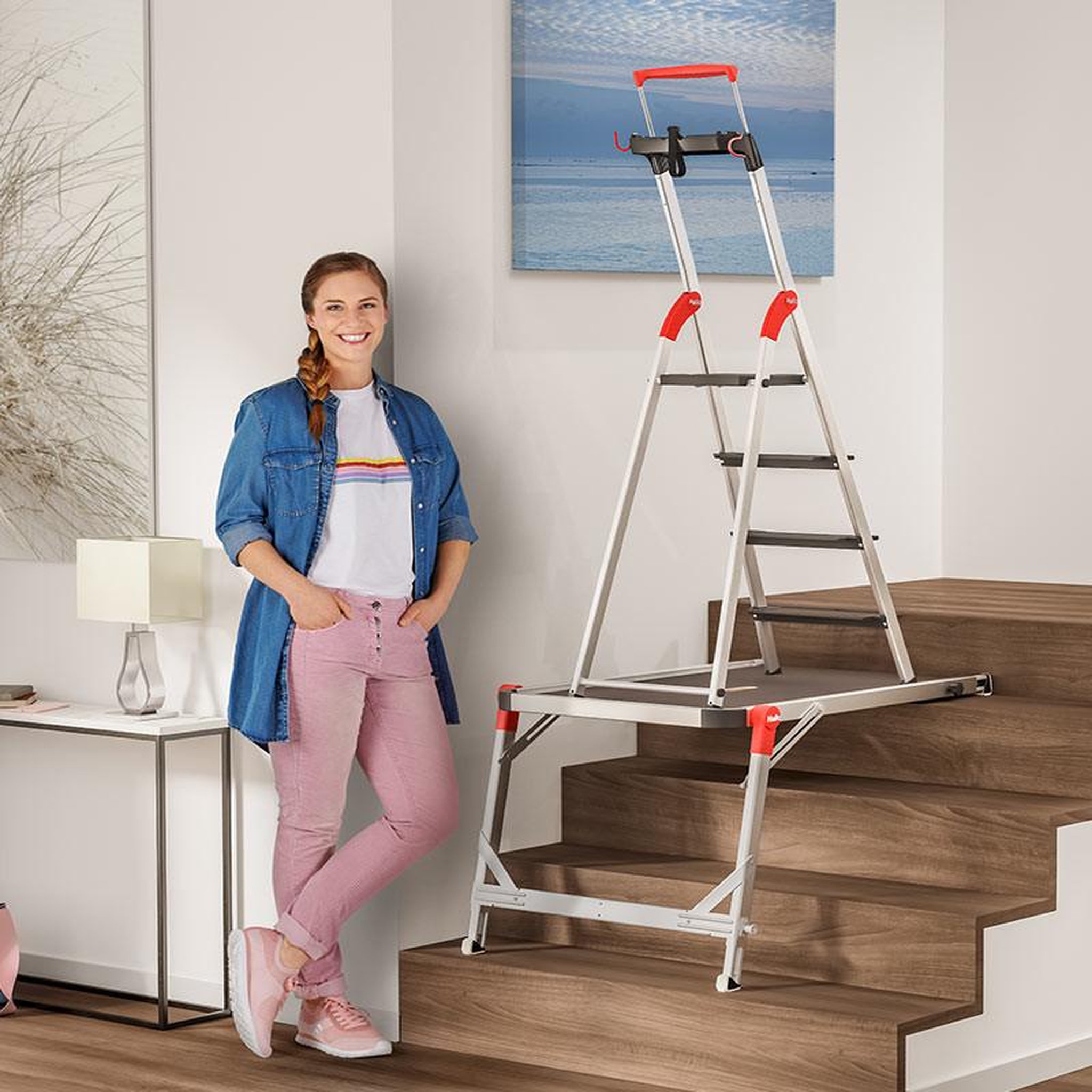 Voir la diapositive 3 : HAILO Escabeau en aluminium 4 marches Larges Hailo L100 + Plateforme TP1