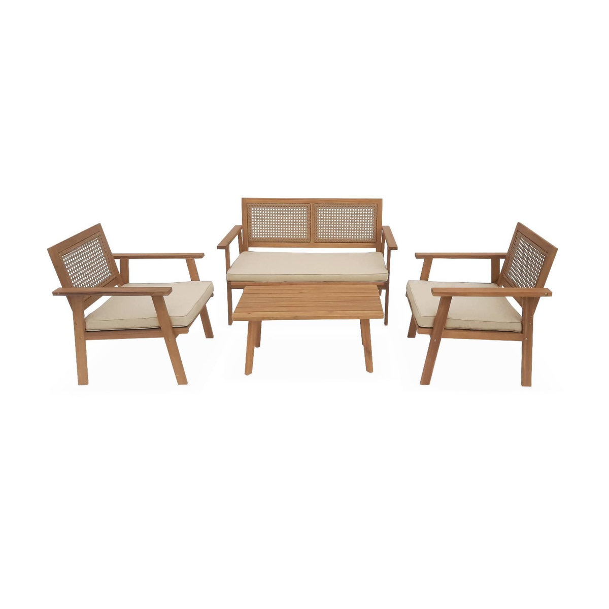 SWEEEK Salon de jardin en bois et cannage canapé 2 places, 2 fauteuils, 1 table basse - Bohémia 117x64x74 cm