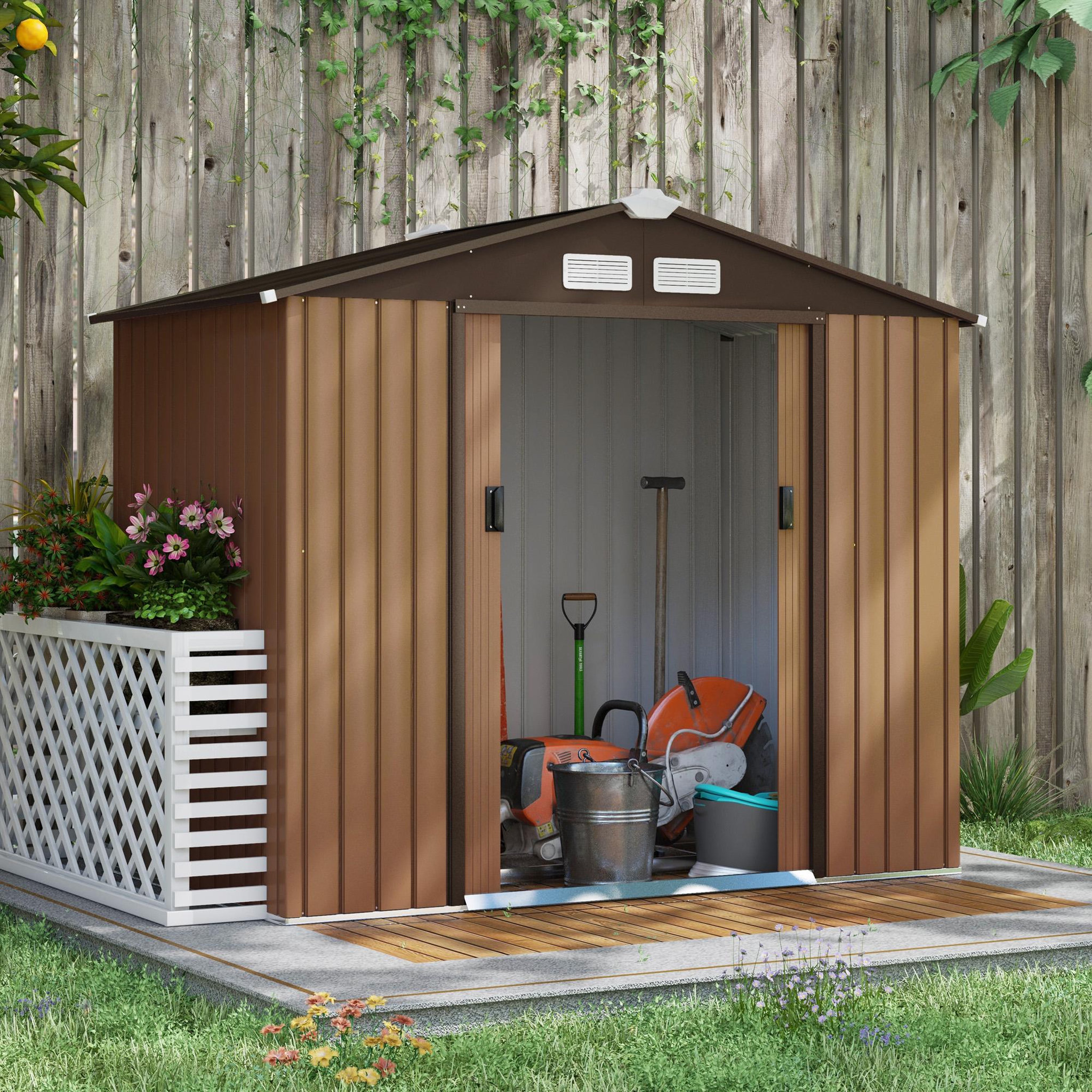Voir la diapositive 4 : OUTSUNNY Abri de jardin - remise pour outils - cabanon porte verrouillable - dim. 213L x 130l x 185H cm - tôle d'acier café chocolat