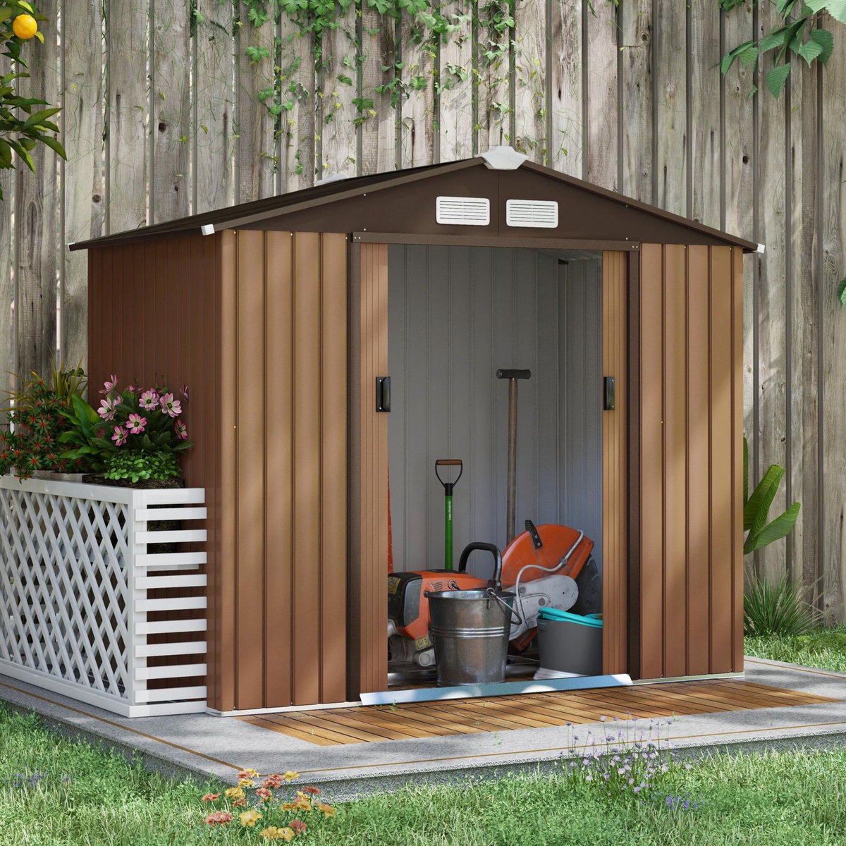 OUTSUNNY Abri de jardin - remise pour outils - cabanon porte verrouillable - dim. 213L x 130l x 185H cm - tôle d'acier café chocolat
