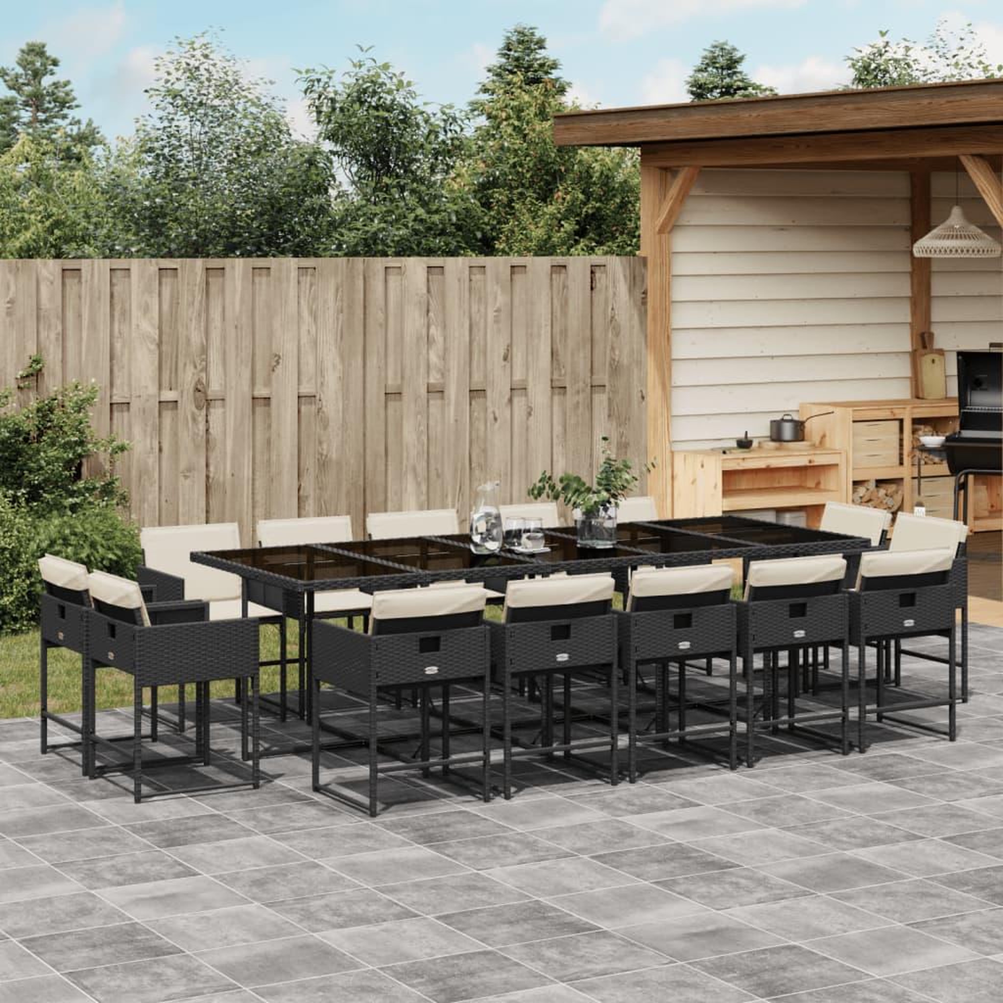 VIDAXL Ensemble a manger de jardin 15 pcs coussins noir resine tressee