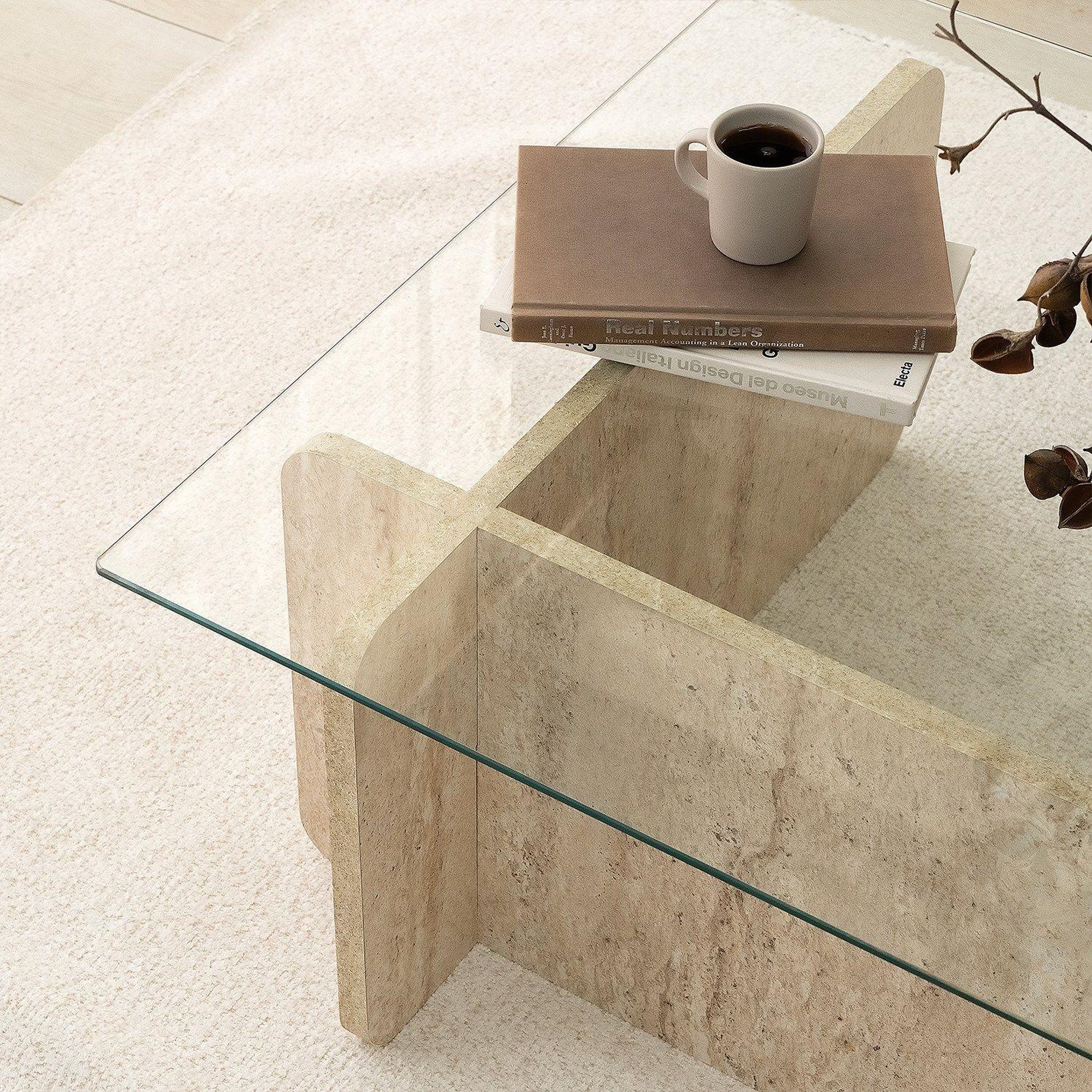 Voir la diapositive 6 : TOILINUX Table basse rectangulaire effet travertin et verre - beige