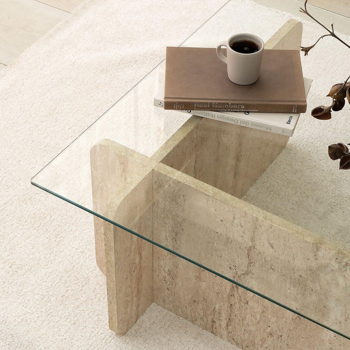 TOILINUX Table basse rectangulaire effet travertin et verre - Beige