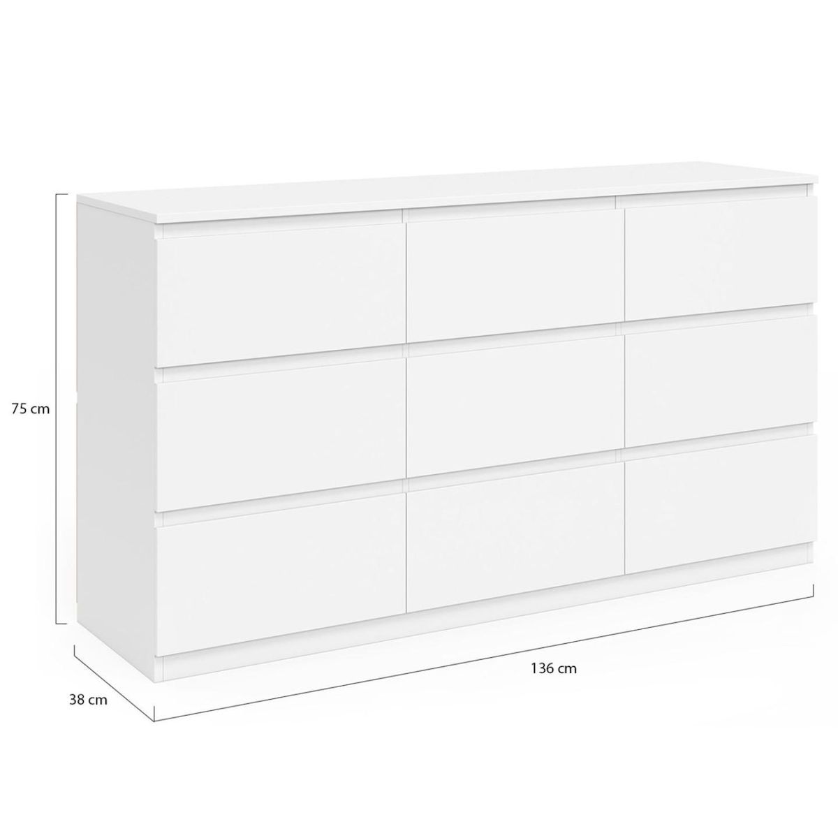 ID MARKET Commode 9 tiroirs TOMI XXL 136 cm bois blanc