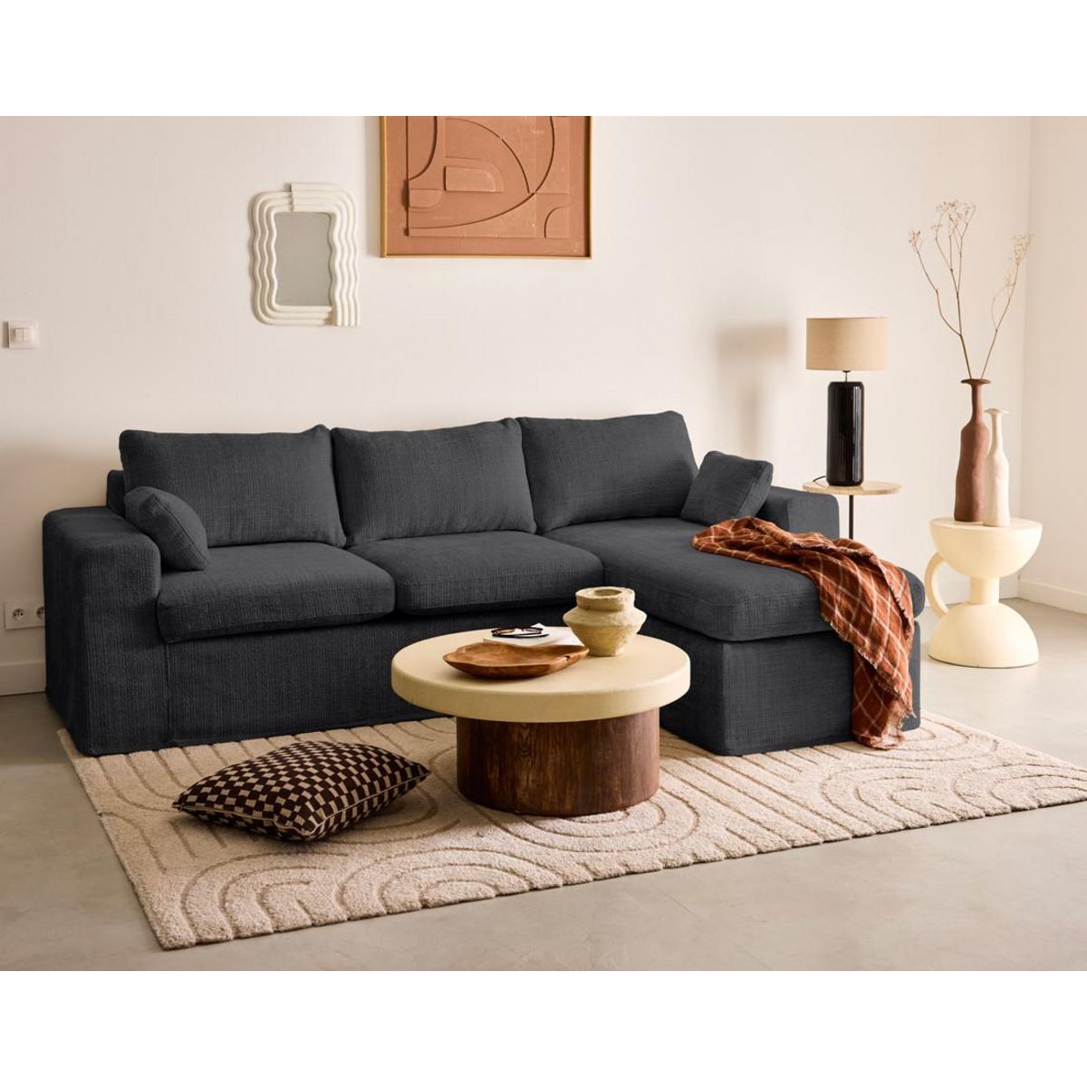 LISA DESIGN Calgary - canapé d'angle déhoussable et modulable 3 places + 1 pouf en velours texturé