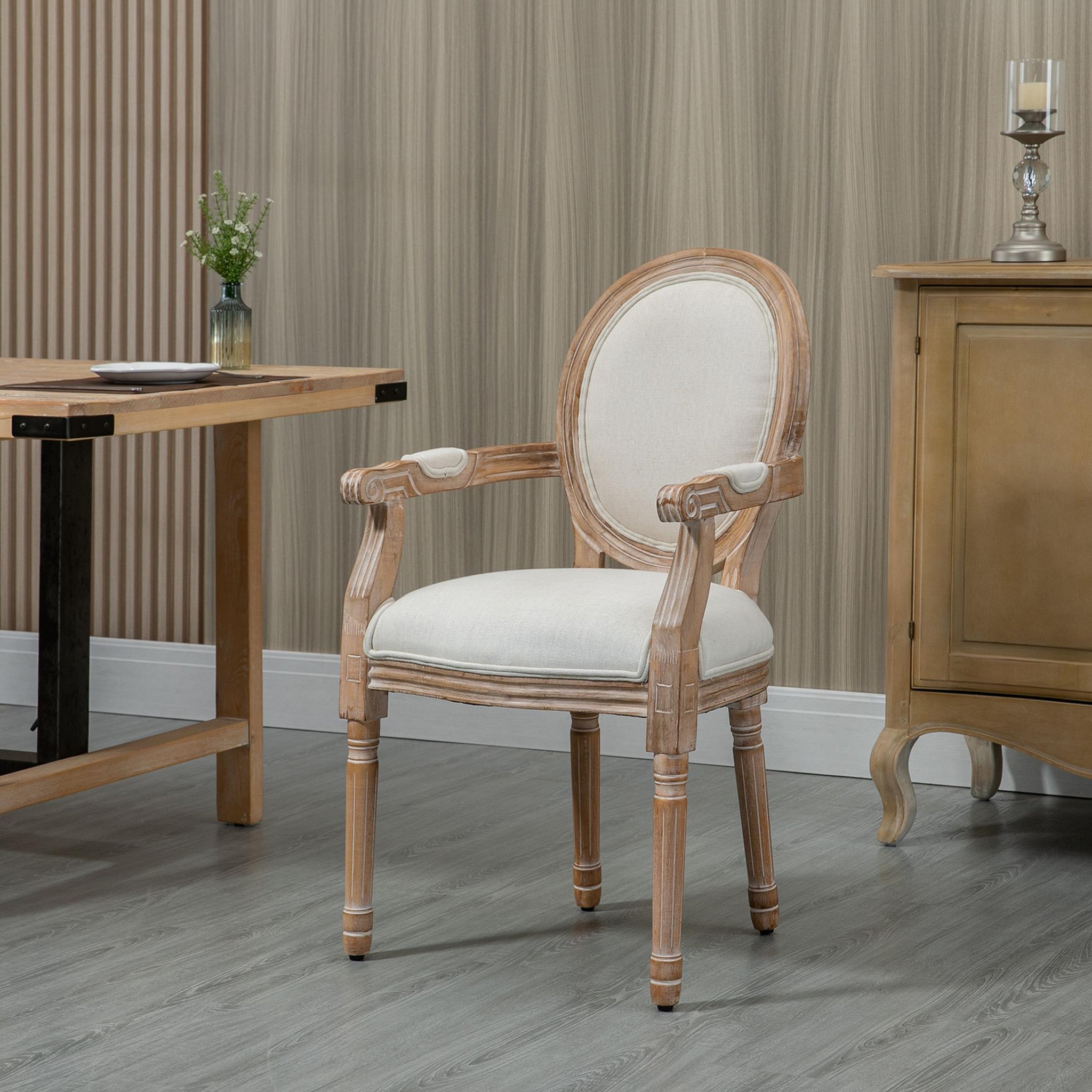 Voir la diapositive 2 : HOMCOM Chaise de salle à manger chaise de salon médaillon style Louis XVI bois hévéa patiné sculpté tissu beige