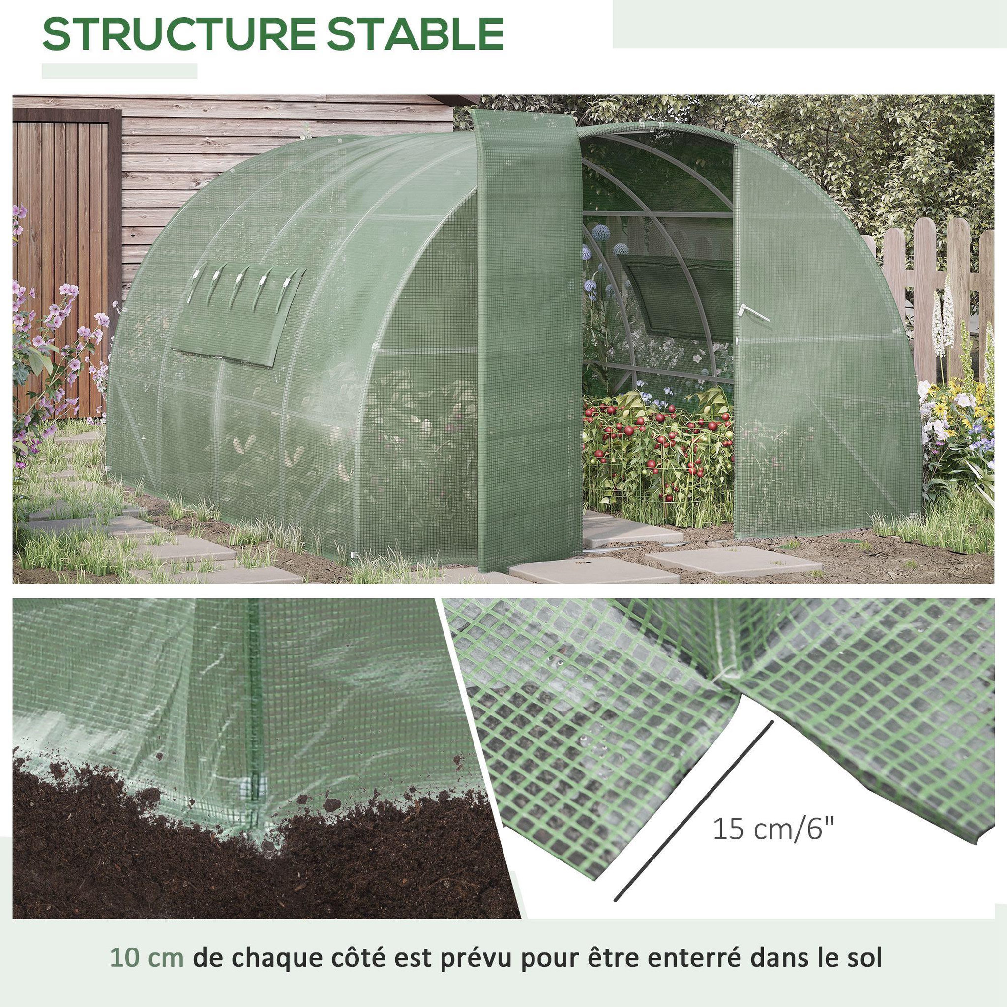 Voir la diapositive 4 : OUTSUNNY Serre de jardin tunnel 11 m² acier galvanisé renforcé diamètre 2,4 cm + PE haute densité fenêtres porte vert