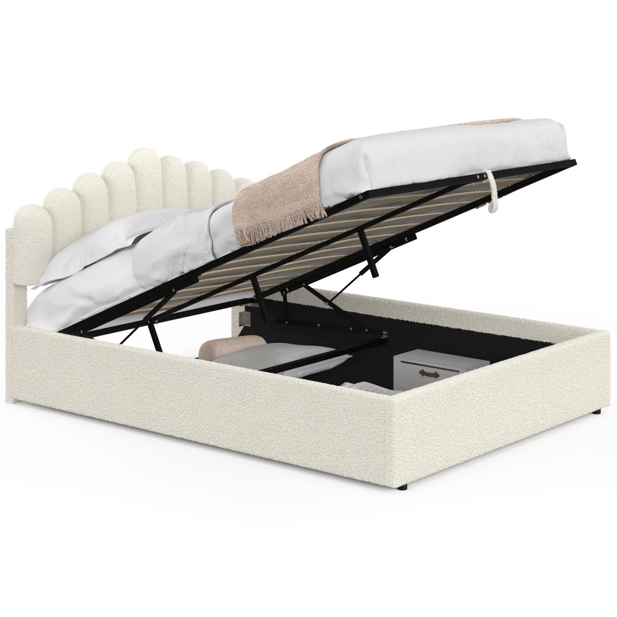 ID MARKET Lit coffre double noelie avec tête de lit et sommier 140 x 190 cm tissu bouclette blanc