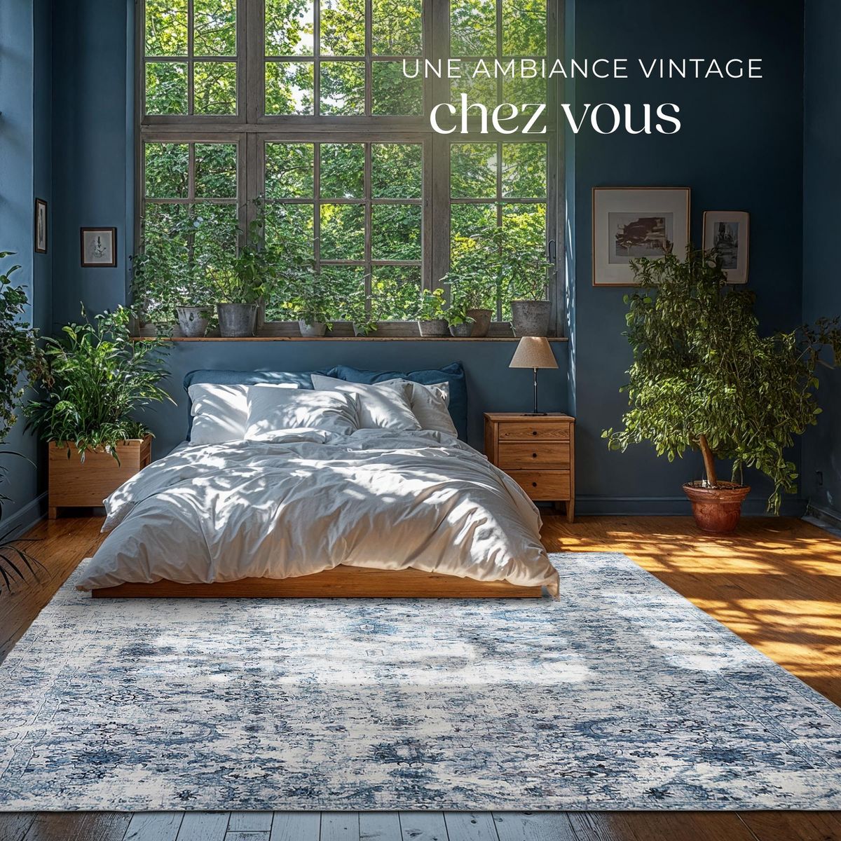 tectake Tapis vintage design à poils courts en laine synthétique et feutre bleu 240 x 340 cm