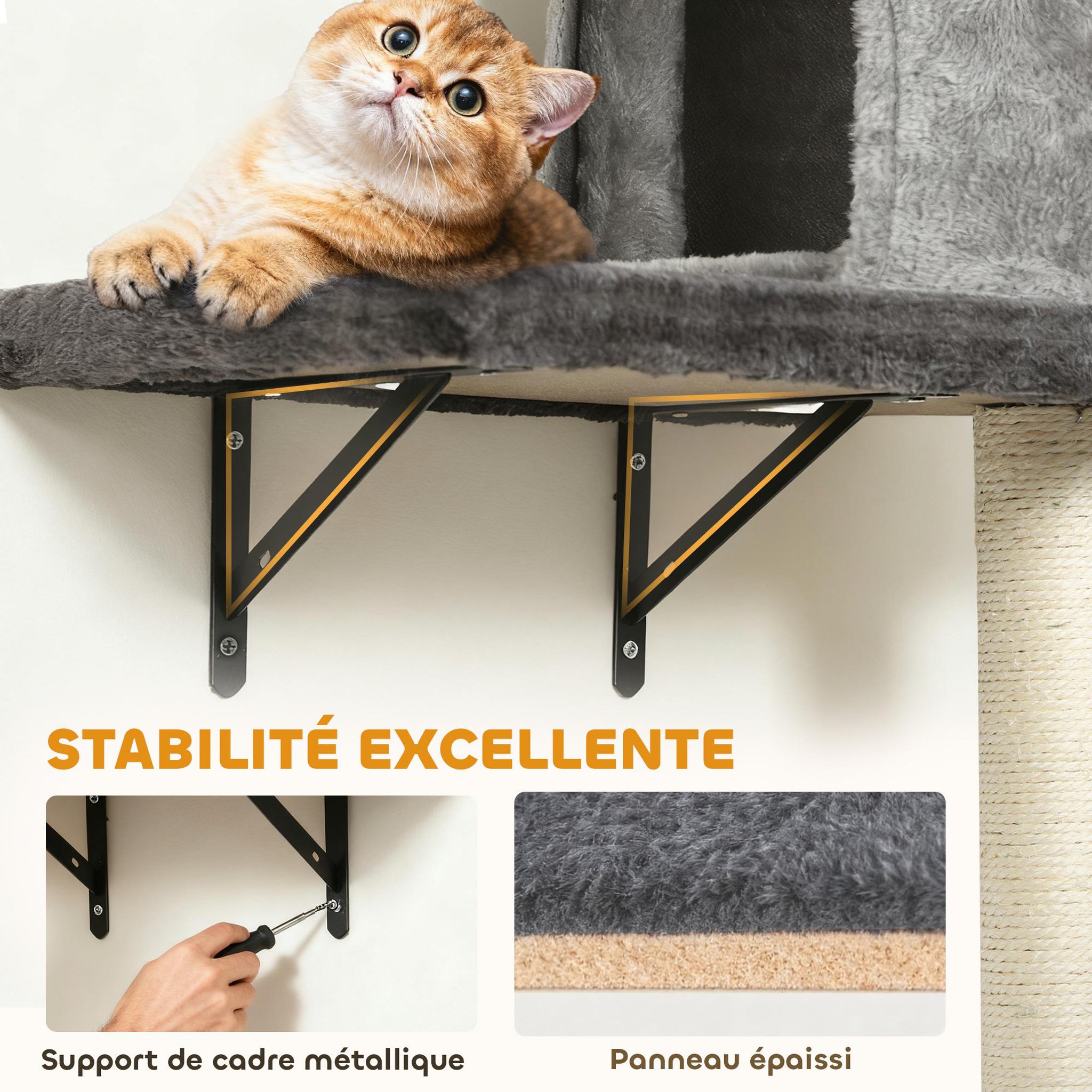Voir la diapositive 5 : PAWHUT Arbre à chat design mural - parcours mural en bois pour chat 5 pièces variées - crème gris