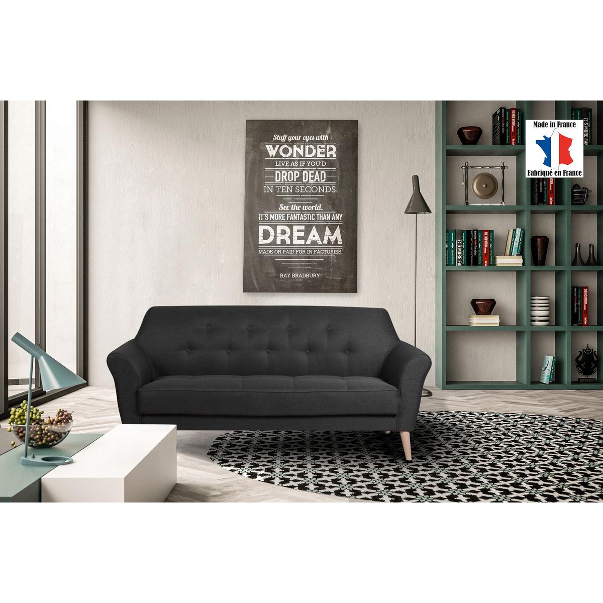 Canapé 3 places scandinave tissu chiné SANTANA, pieds hêtre