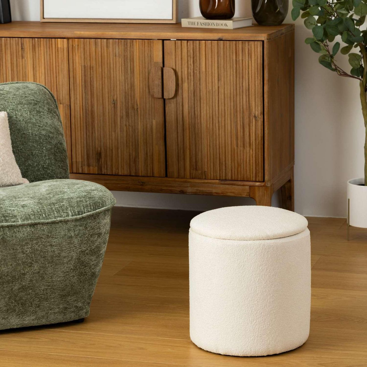 ATMOSPHERA Pouf de rangement en bouclette - Blanc