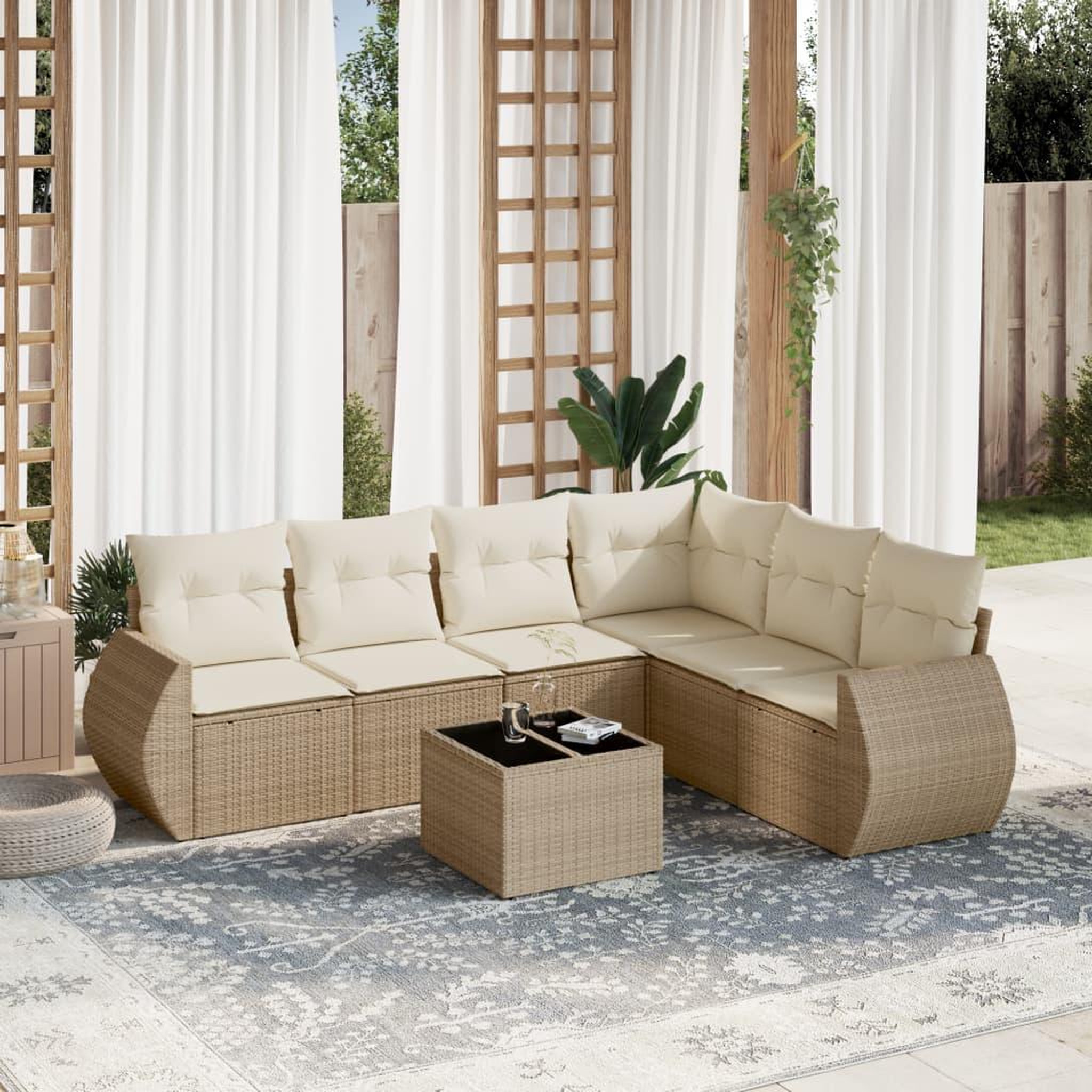 VIDAXL Salon de jardin avec coussins 7 pcs beige resine tressee