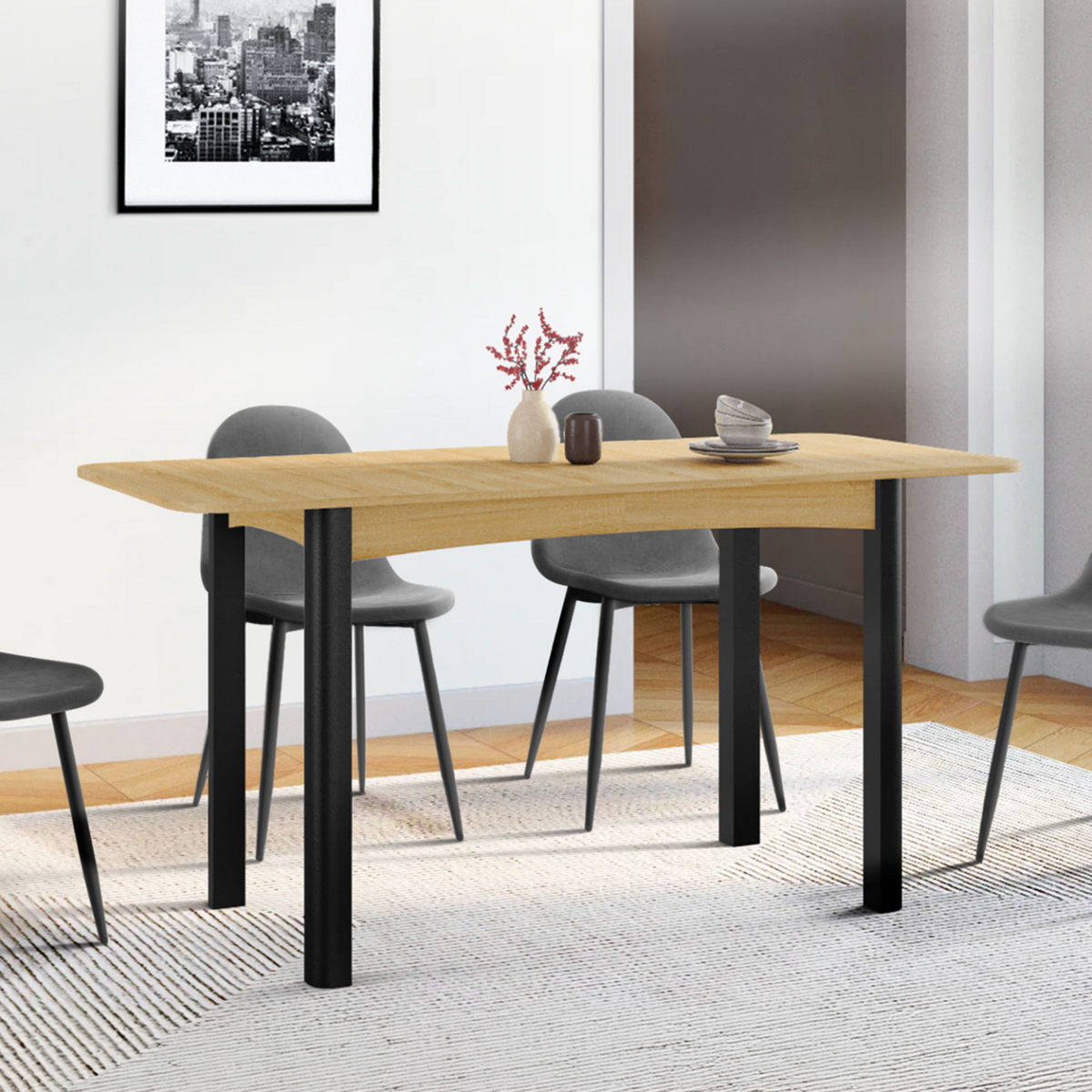 ID MARKET Table à manger extensible rectangle JUNE 4-8 personnes bois et noir 120-160 cm