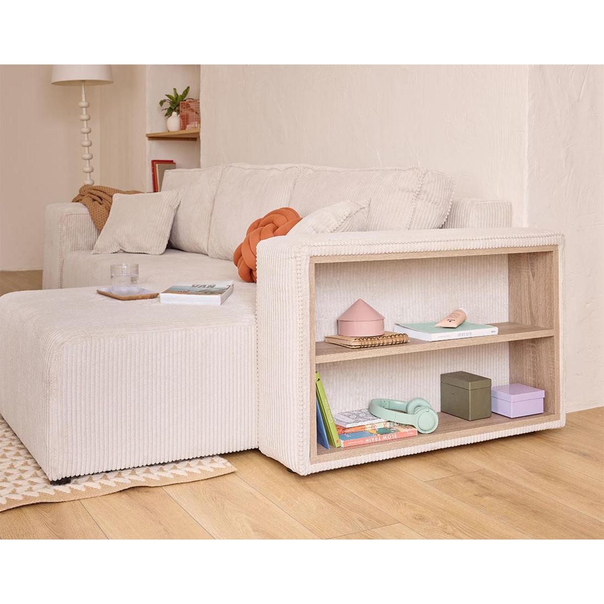 BEST MOBILIER Topaze - canapé d'angle réversible 4 places - convertible avec coffre, tablette et poufs - en velours côtelé