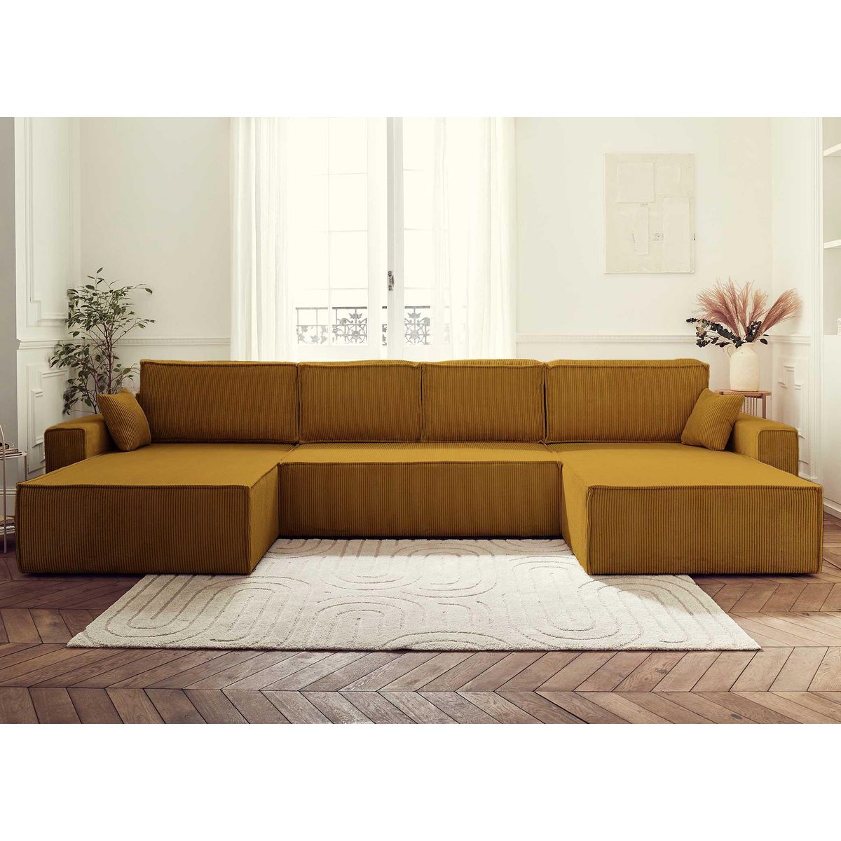 BEST MOBILIER Dellia - canapé panoramique en u - 7 places - convertible - avec coffre - en velours côtelé