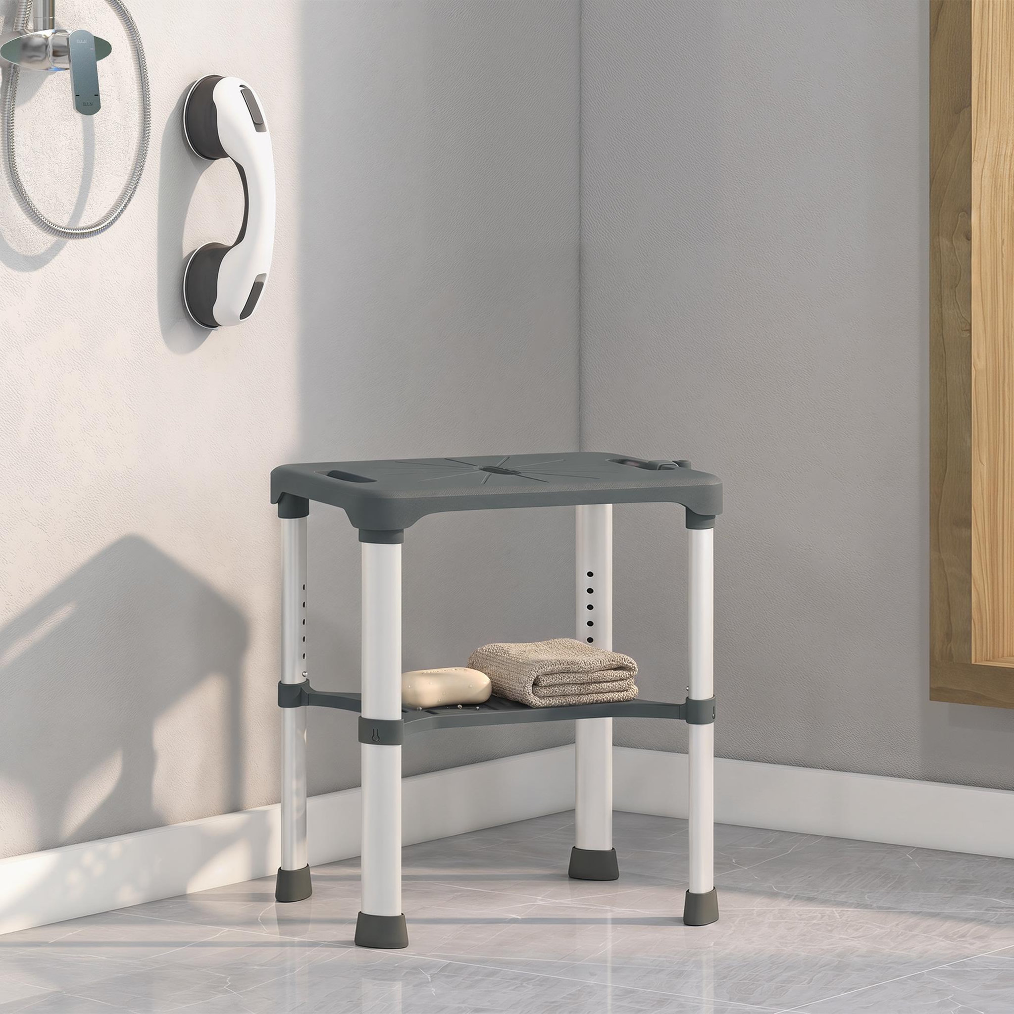 Voir la diapositive 6 : HOMCOM Tabouret de douche réglable avec poignée ventouses étagère support pommeau intégrés