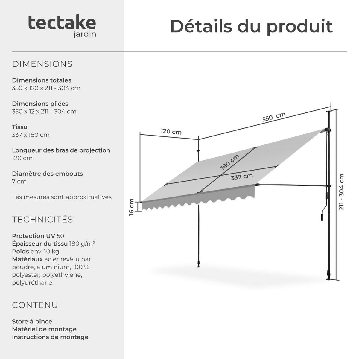 tectake Store à pince sans perçage avec manivelle gris clair 350 x 180 cm