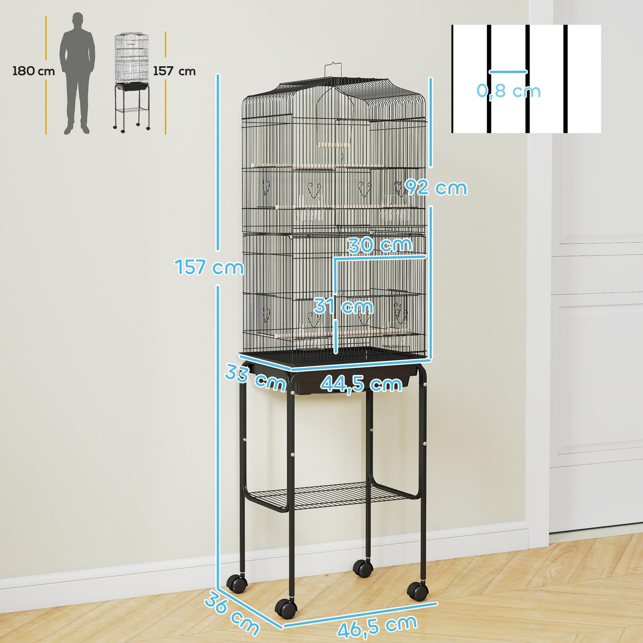 Voir la diapositive 3 : PAWHUT Cage à oiseaux sur pied volière mobile toit ouvrant 3 perchoirs étagère 46 x 36 x 157 cm