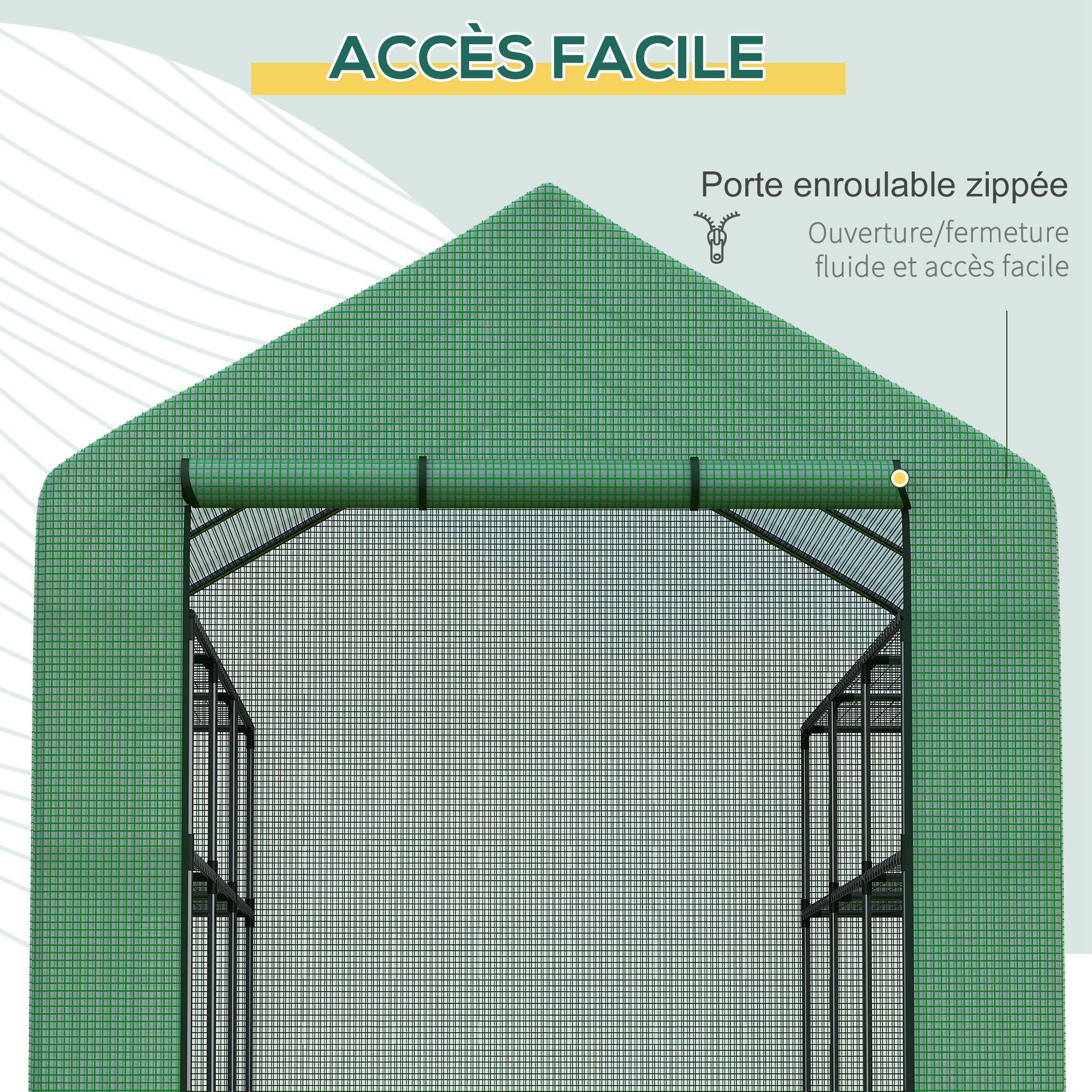 Voir la diapositive 5 : OUTSUNNY Serre de jardin 6 étagères dim. 244l x 180l x 210h cm porte enroulable acier noir bâche pe vert