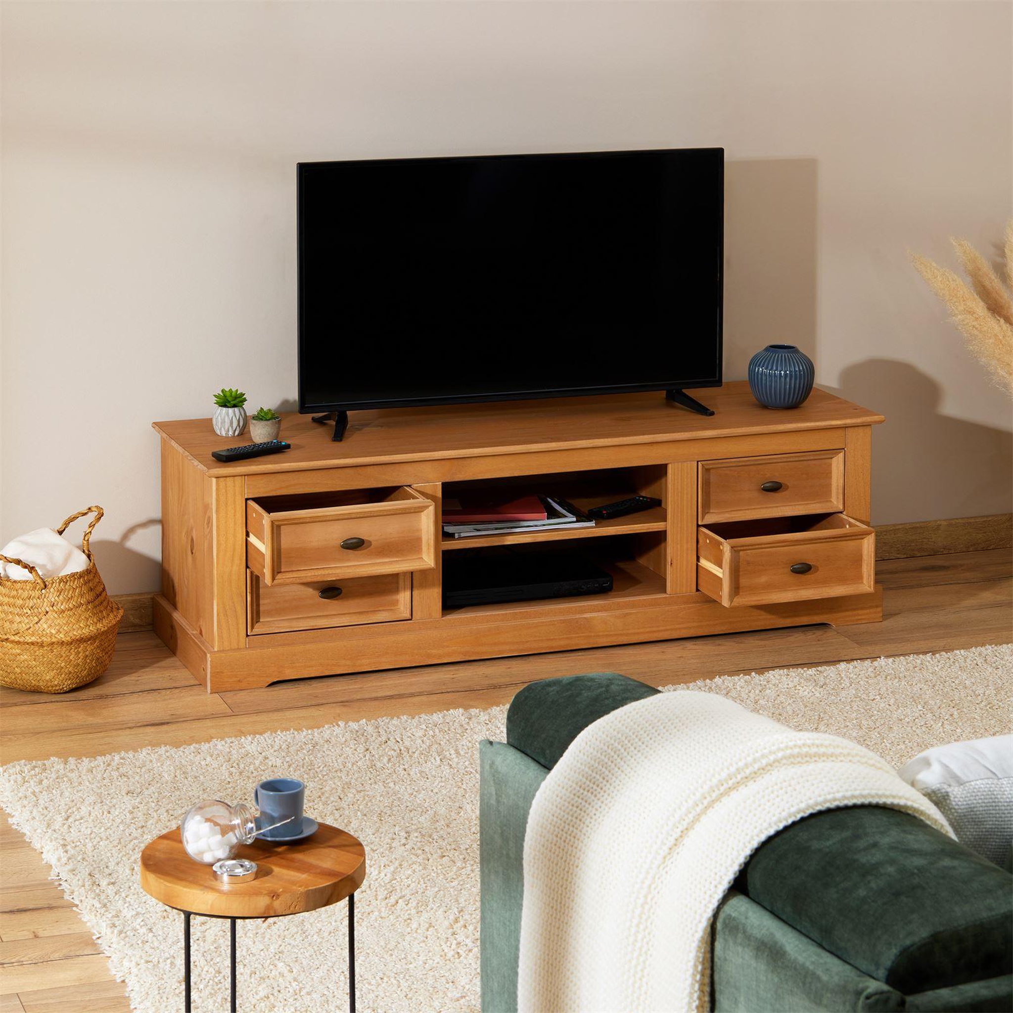 Voir la diapositive 4 : IDIMEX Meuble TV KENT en pin massif, avec 4 tiroirs