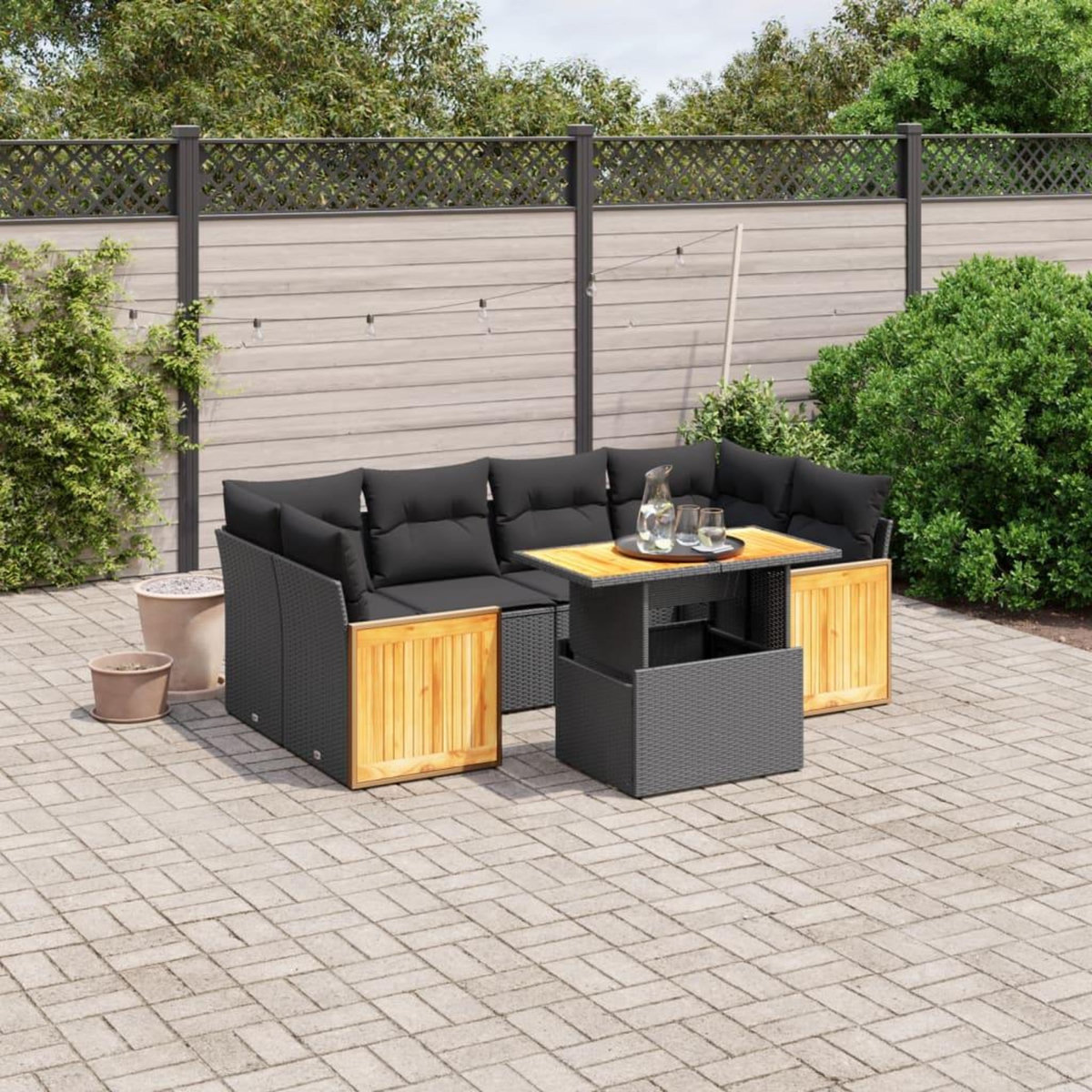 VIDAXL Salon de jardin 7 pcs avec coussins noir resine tressee