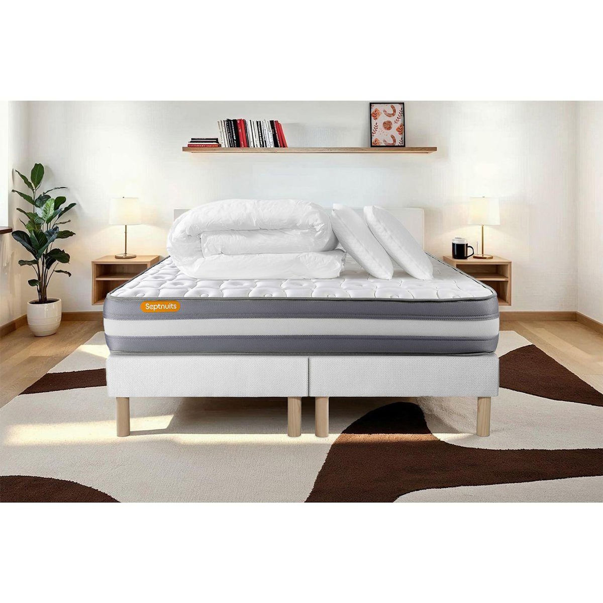 SEPTNUITS PACK matelas + double sommier Memo Plus Mémoire de forme 3 zones + 2 oreillers + couette