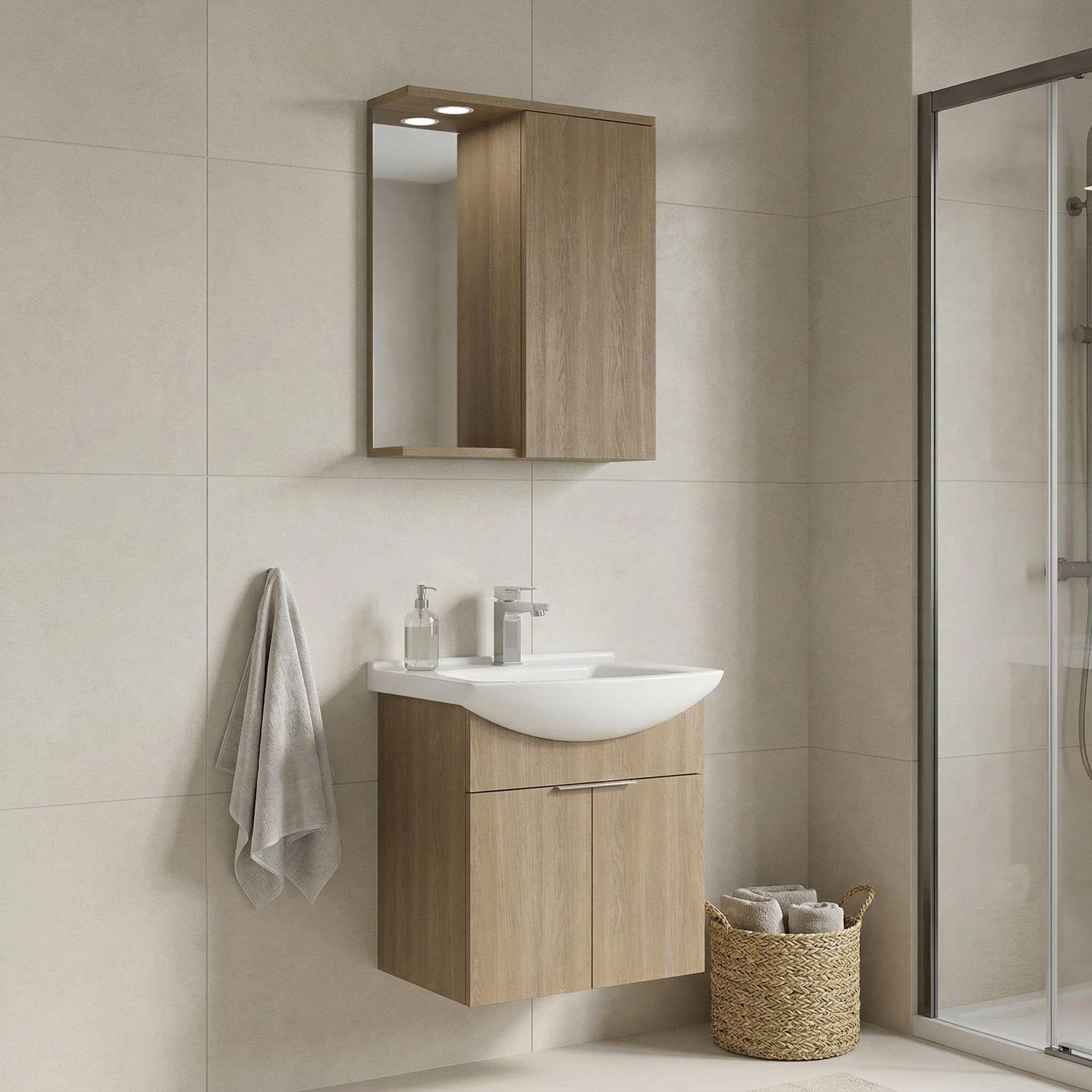 Voir la diapositive 2 : Habitat et Jardin Meuble avec simple vasque et miroir  Purus 55  - 55 x 50 x 58 cm - Oak
