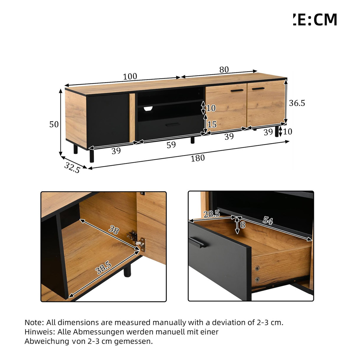 MERAX Meuble tv naturel+noir 180 cm panneau de particules