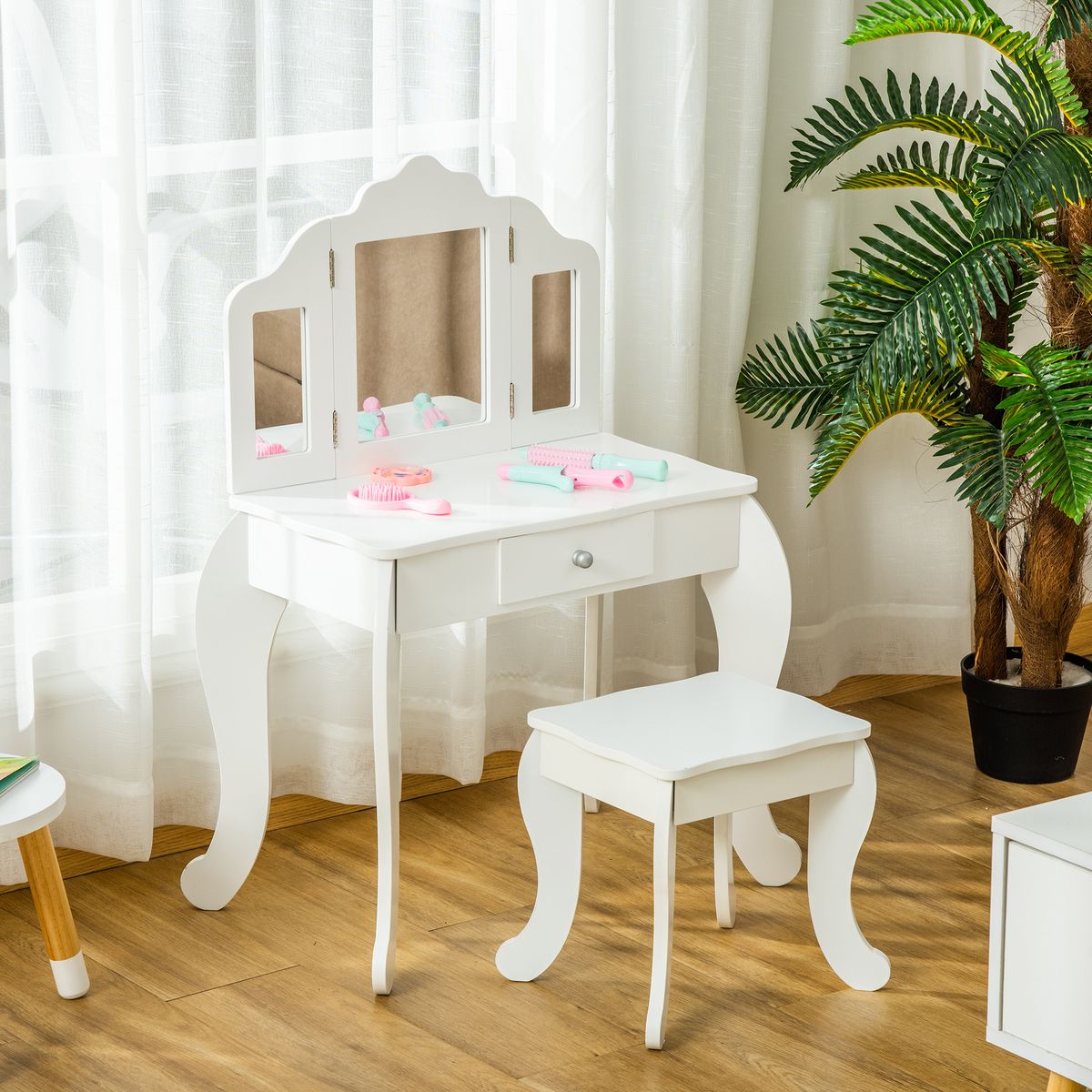 HOMCOM Coiffeuse enfant avec tabouret, miroir triptyque et tiroir coulissant - coiffeuse dim. 63L x 40l x 85,5H cm - MDF blanc acrylique