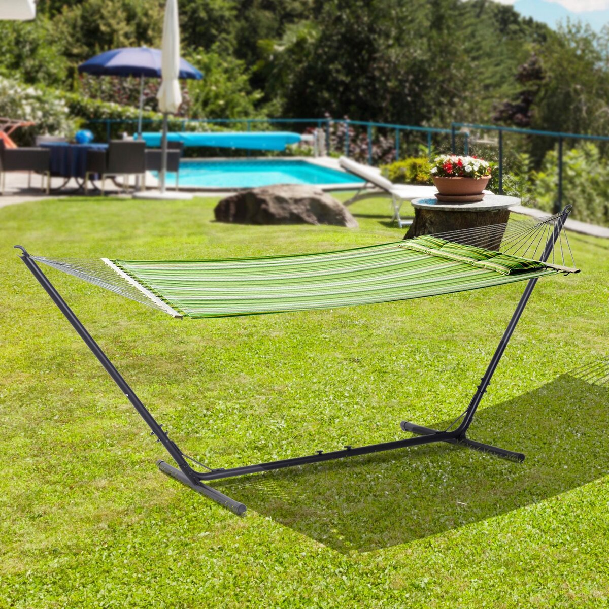 OUTSUNNY Support pied de hamac réglable structure robuste métal époxy noir dim. 3,08-3,80L x 1,08l x 1,20H m