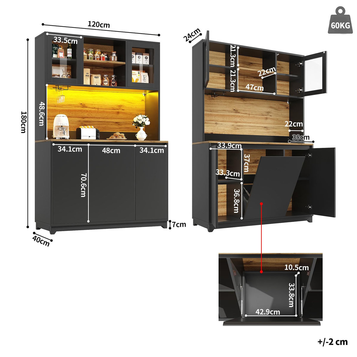 MERAX Buffet de cuisine 5 portes - 120 cm noir led mdf