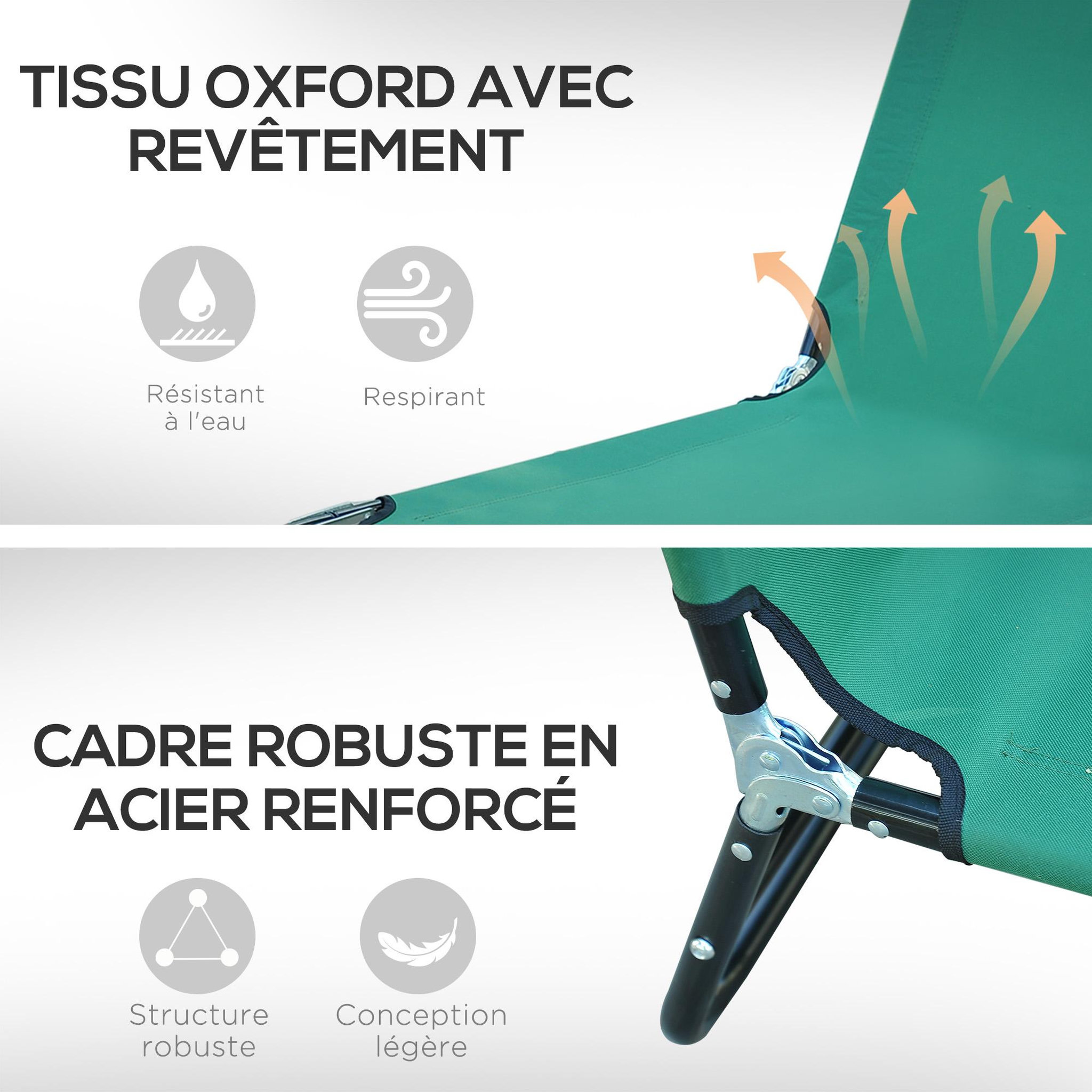 Voir la diapositive 4 : OUTSUNNY Bain de soleil transat pliable inclinable 5 positions acier noir tissu Oxford vert