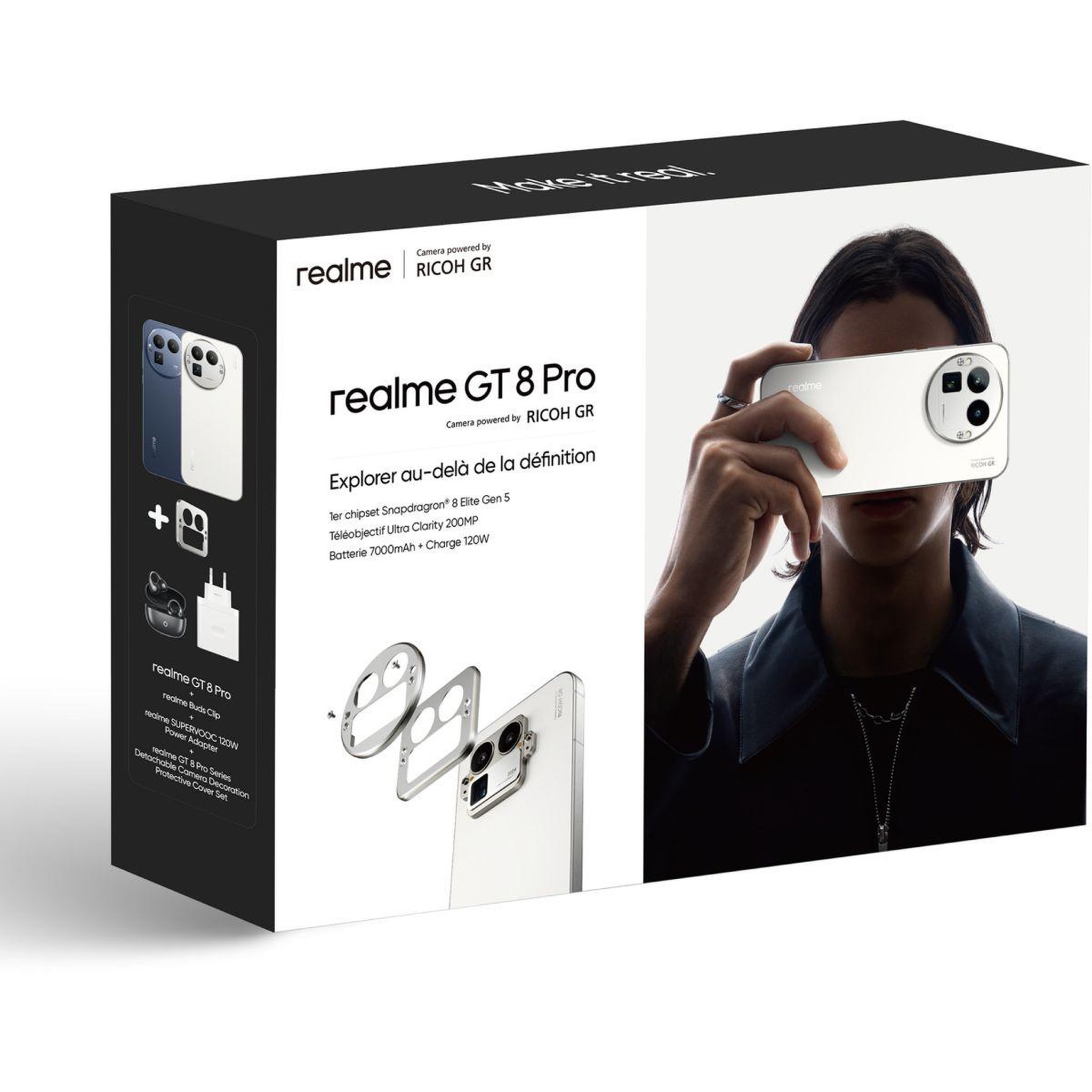Voir la diapositive 2 : REALME Smartphone Pack GT8 Pro 512Go Blanc + Chargeur + Buds Clip