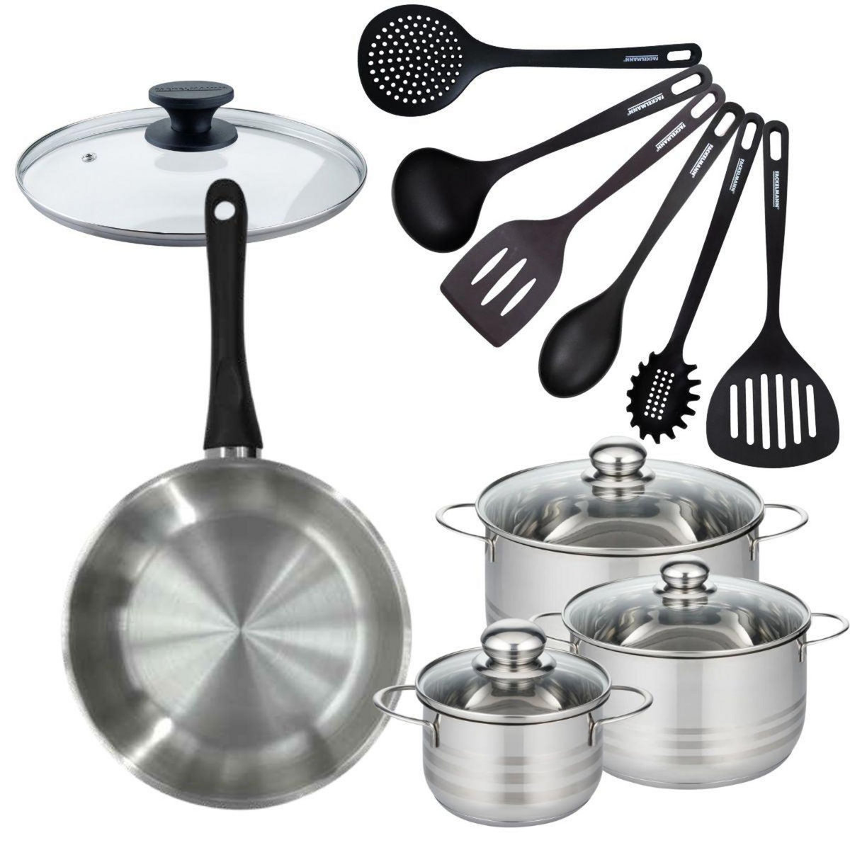 Fackelmann Set de 1 poêle 28 cm en inox, couvercle verre, 3 faitouts inox 16, 20 et 24 cm et 6 ustensiles RPET Fackelmann Geneva