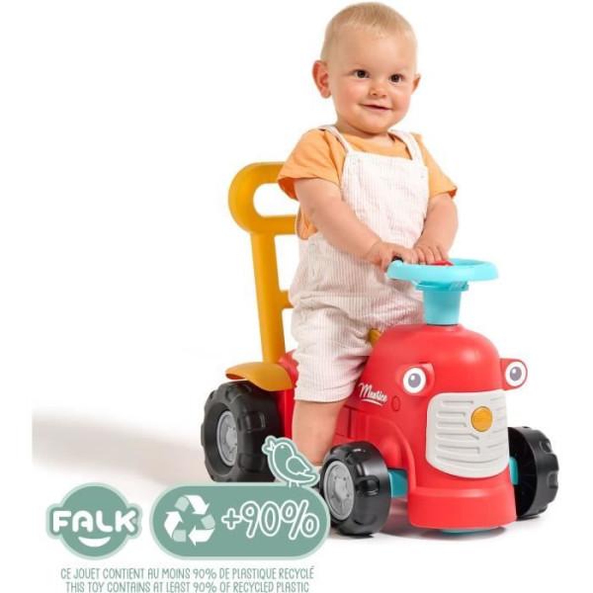 Voir la diapositive 2 : FALK Porteur Trotteur  tracteur Maurice - FALK - Volant directionnel, Assise ouvrante - Fabriqué en France - 90% de plastique recyclé - Des 1