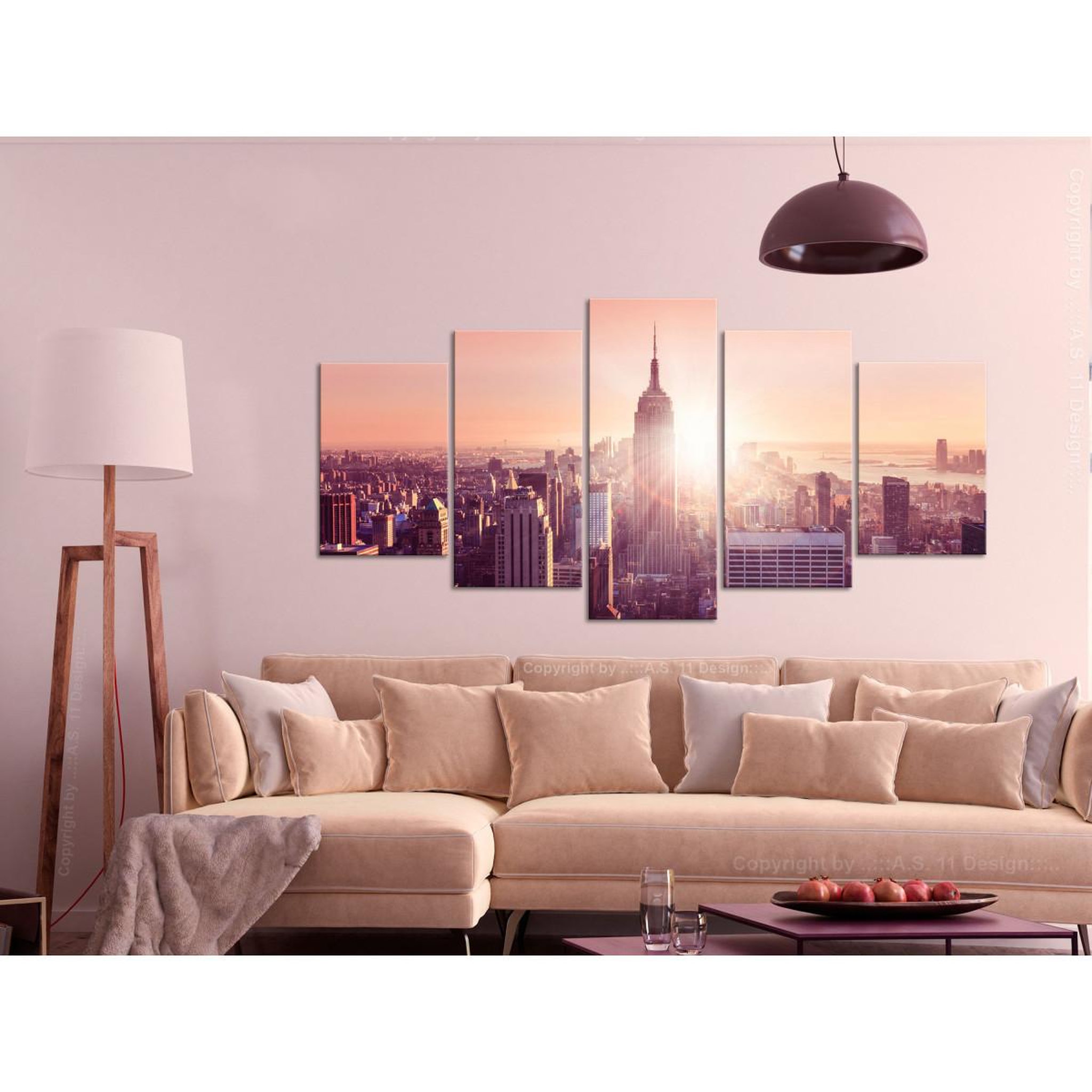 Voir la diapositive 2 : Paris Prix Tableau 5 Panneaux  Sun Over Manhattan Wide Orange
