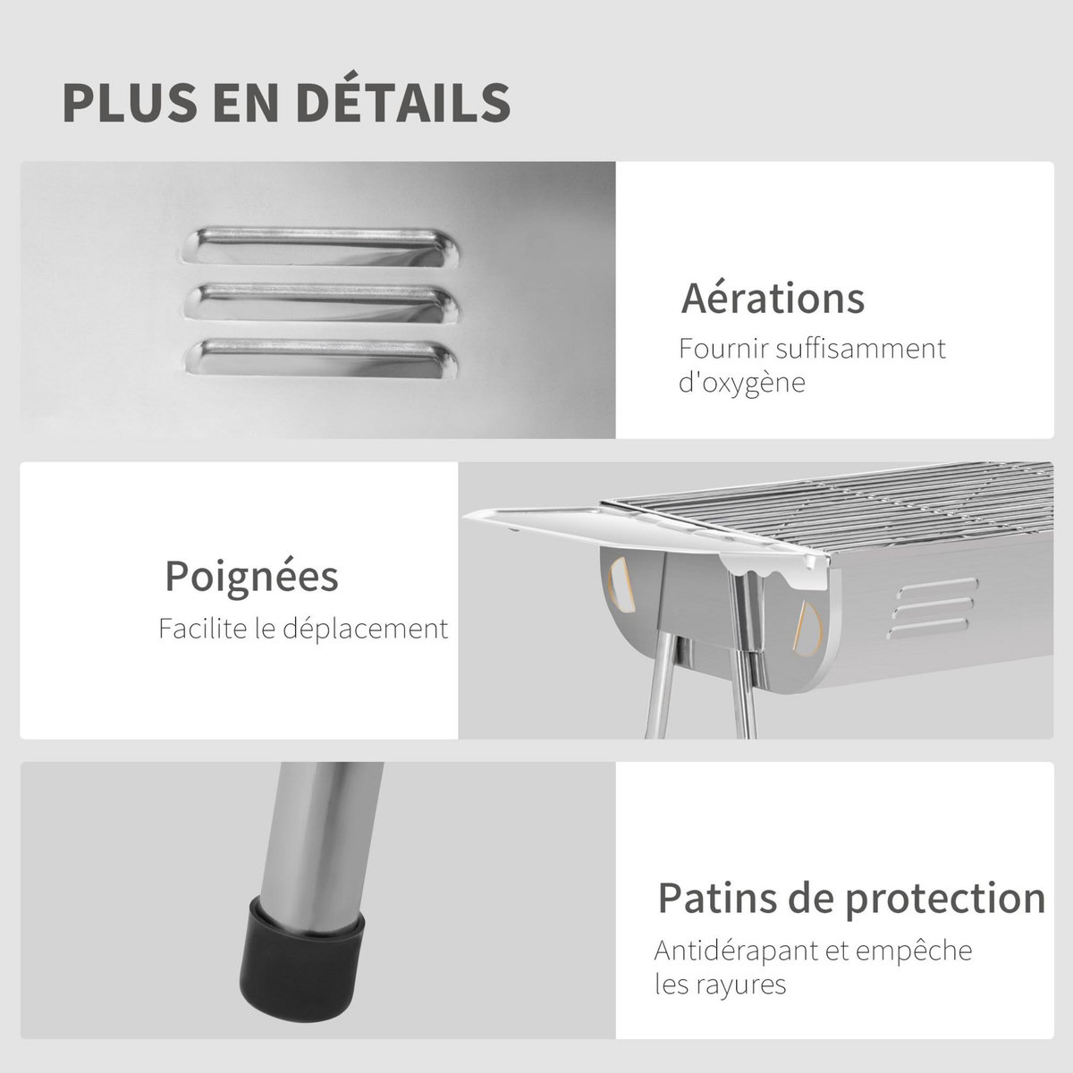 OUTSUNNY Barbecue à charbon portable BBQ grill sur pieds 2 tablettes rabattables dim. 93L x 30l x 60H cm acier inox.