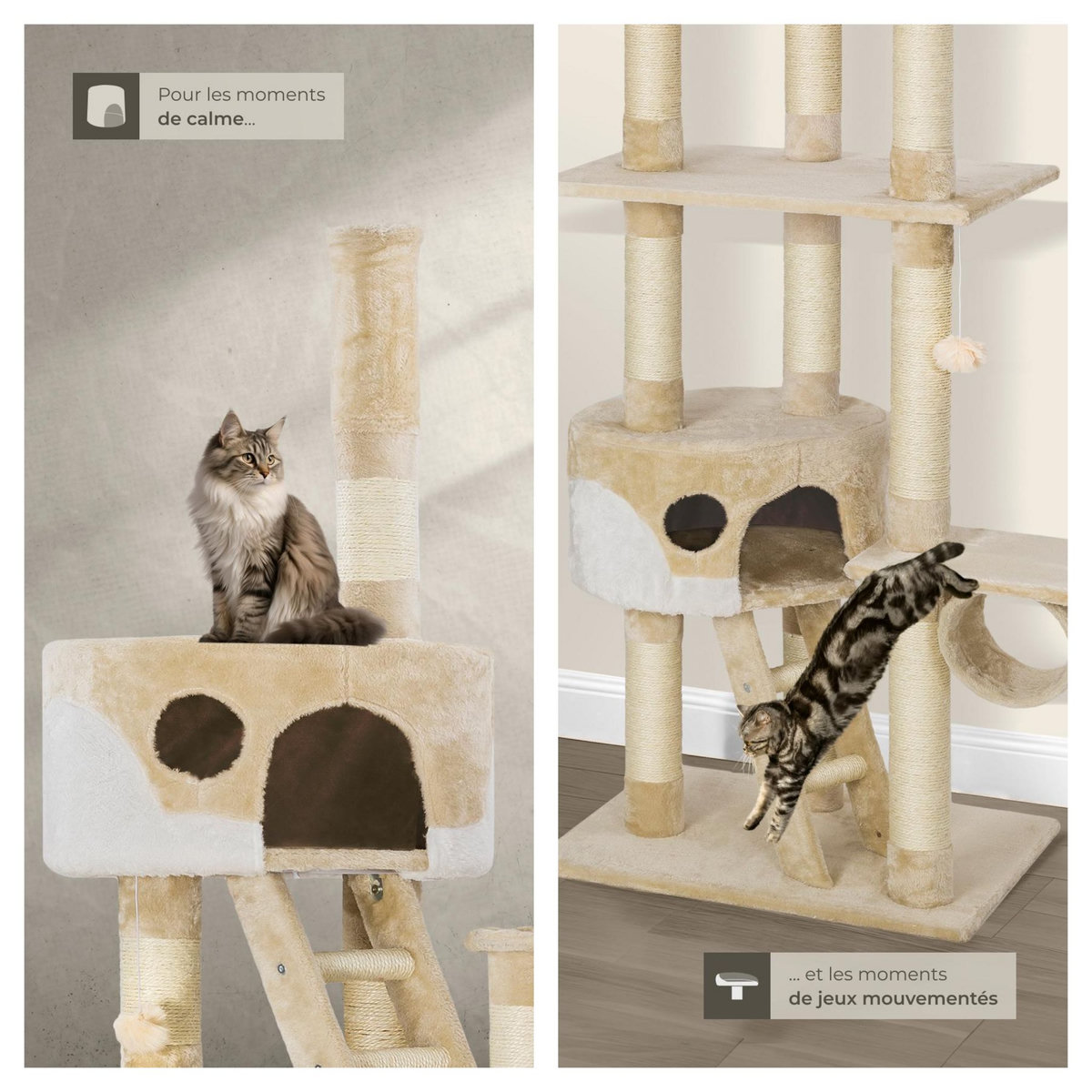 tectake Arbre à chat 243 à 260 cm avec griffoir et plateforme d'escalade beige/blanc