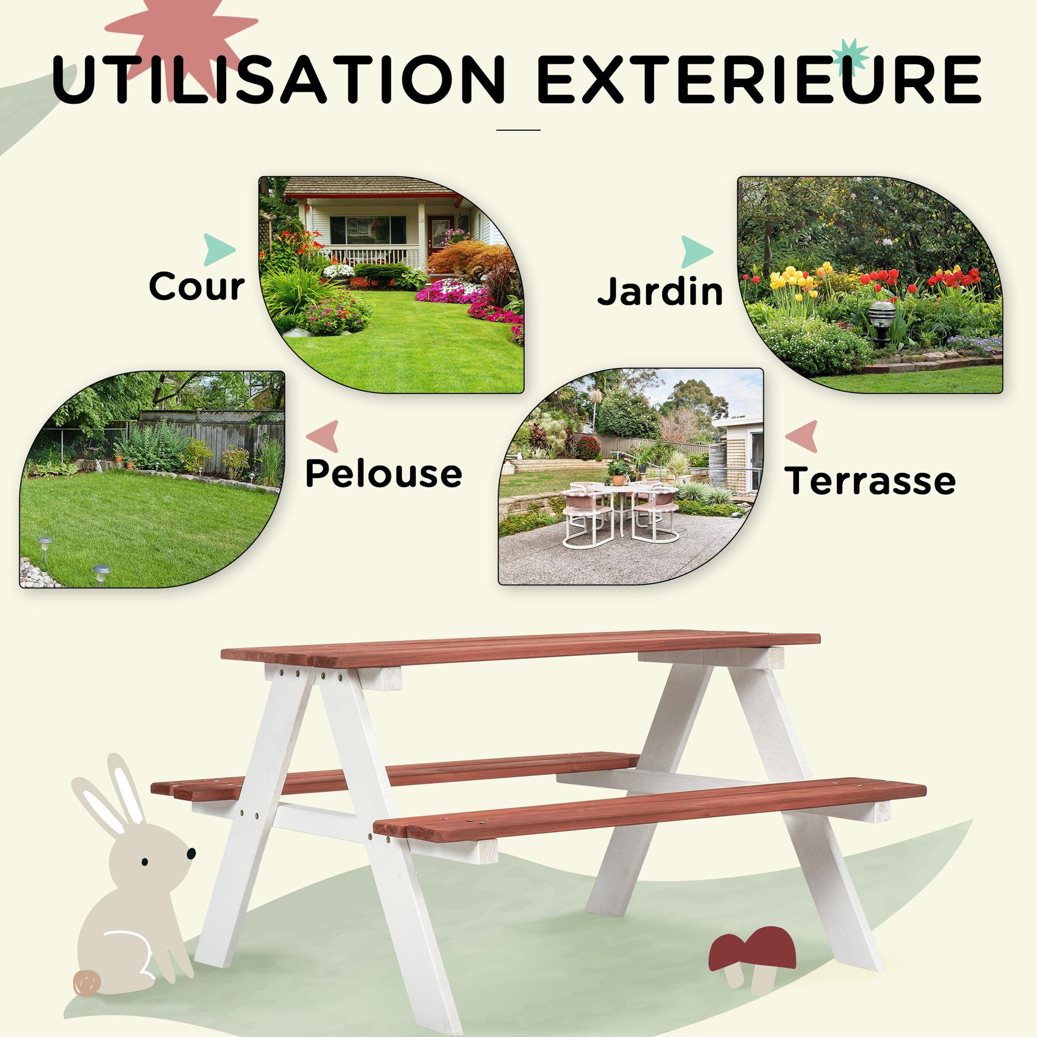 Voir la diapositive 4 : OUTSUNNY Table de pique-nique enfant - 2 bancs - assises, plateau à lattes - bois sapin blanc brique