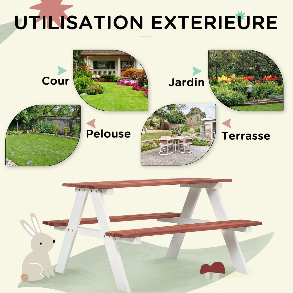 OUTSUNNY Table de pique-nique enfant - 2 bancs - assises, plateau à lattes - bois sapin blanc brique