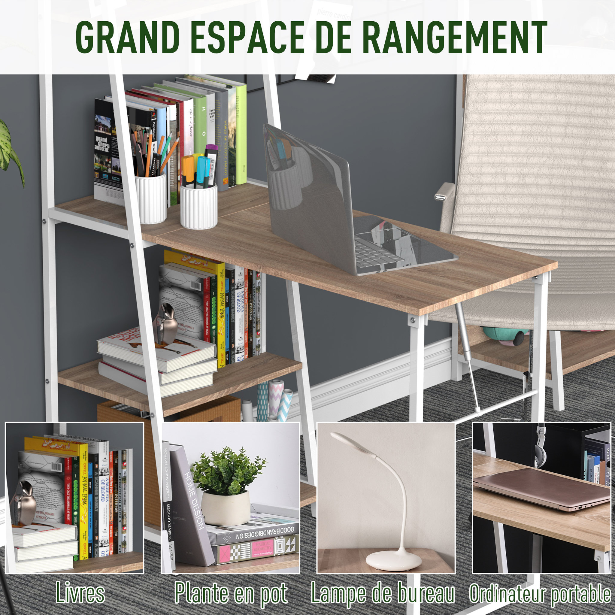 Voir la diapositive 4 : HOMCOM Bureau pliable rabattable - bureau bibliothèque 2 en 1 - 4 étagères - imitation bois chêne clair métal blanc