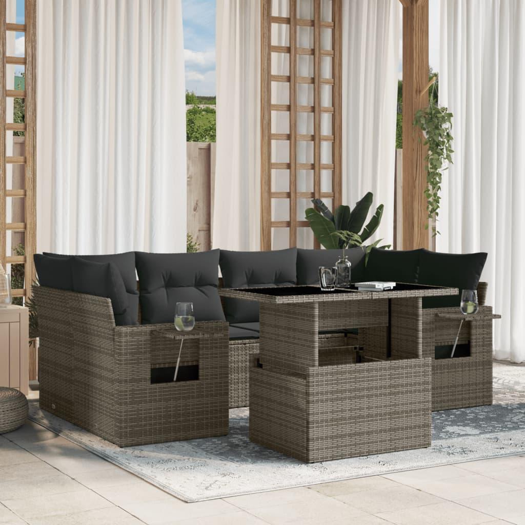 VIDAXL Salon de jardin avec coussins 7 pcs gris resine tressee
