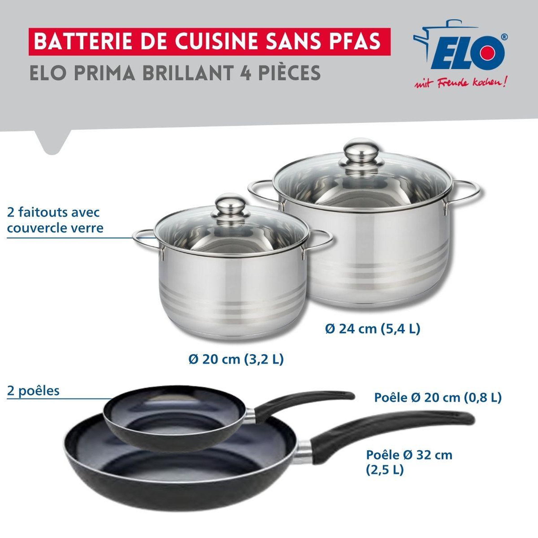 Voir la diapositive 2 : ELO Ensemble de 2 poêles de cuisson 20 et 32 cm et 2 faitouts 20 et 24 cm elo prima brillant