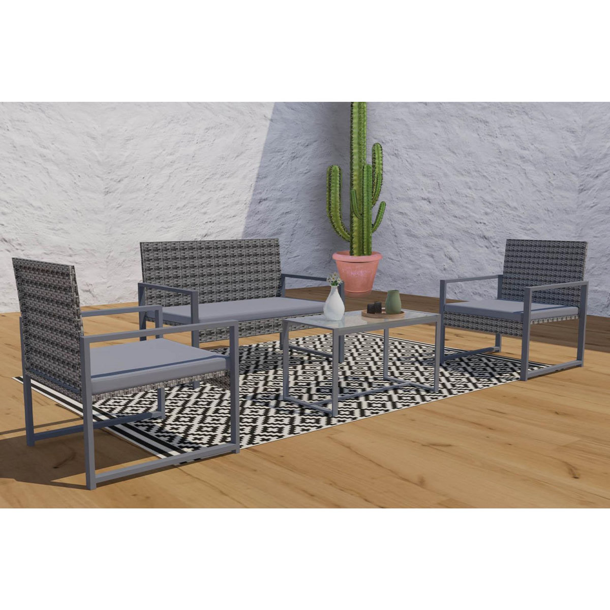 CONCEPT USINE Salon de jardin bas 4 places résine tressée gris foncé ESNA