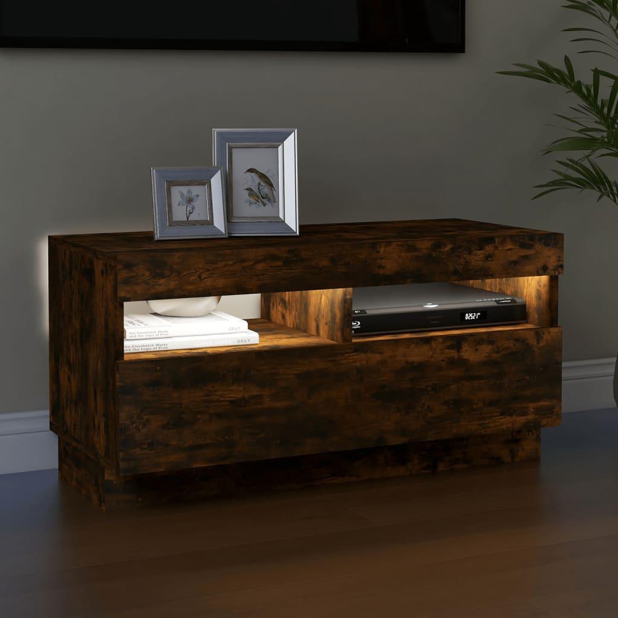 Voir la diapositive 5 : VIDAXL Meuble TV avec lumieres LED chene fume 80x35x40 cm